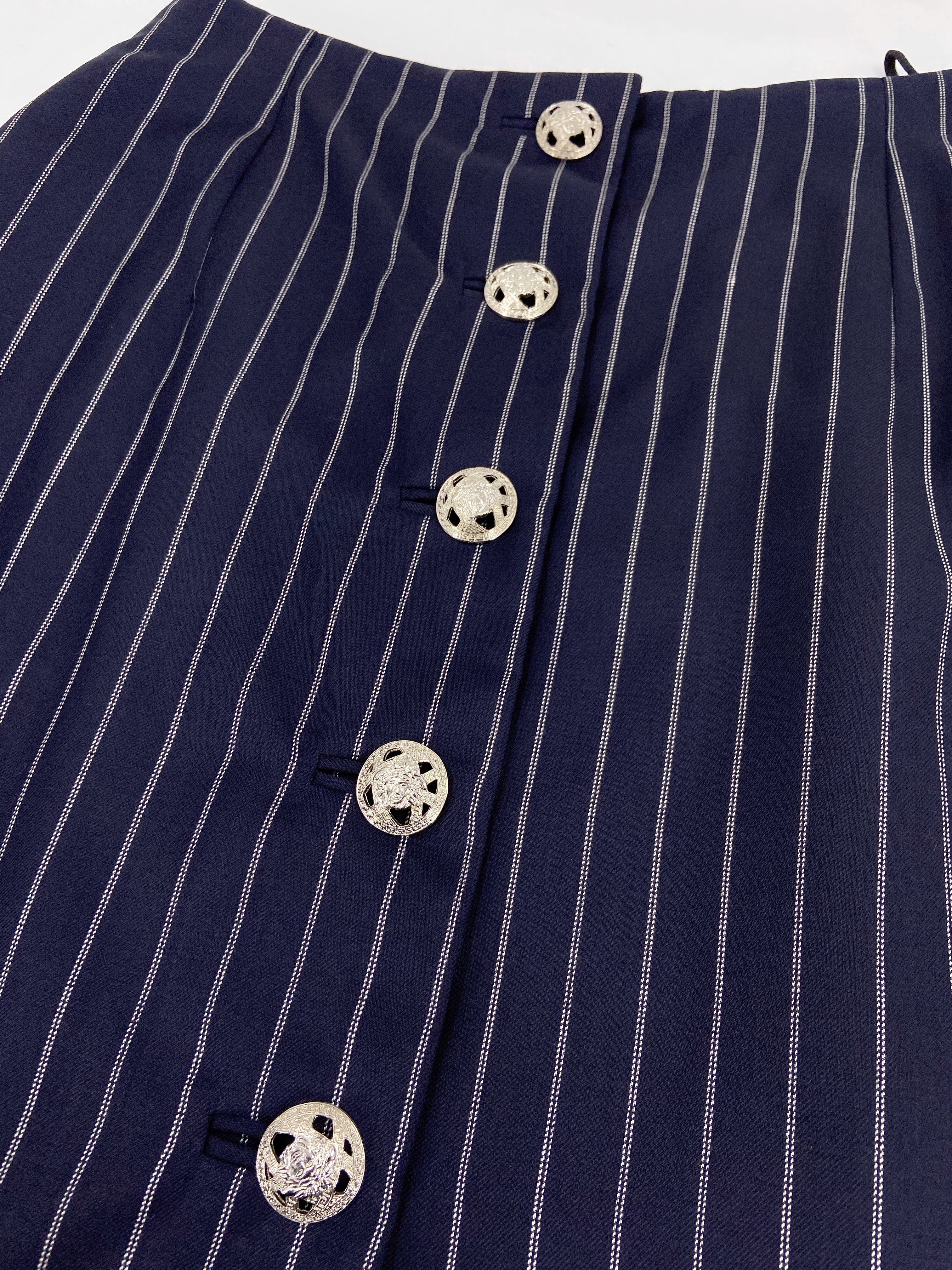 Gianni Versace Spring 1995 Navy Double Pinstriped Wrap Skirt Suit 42 - 15