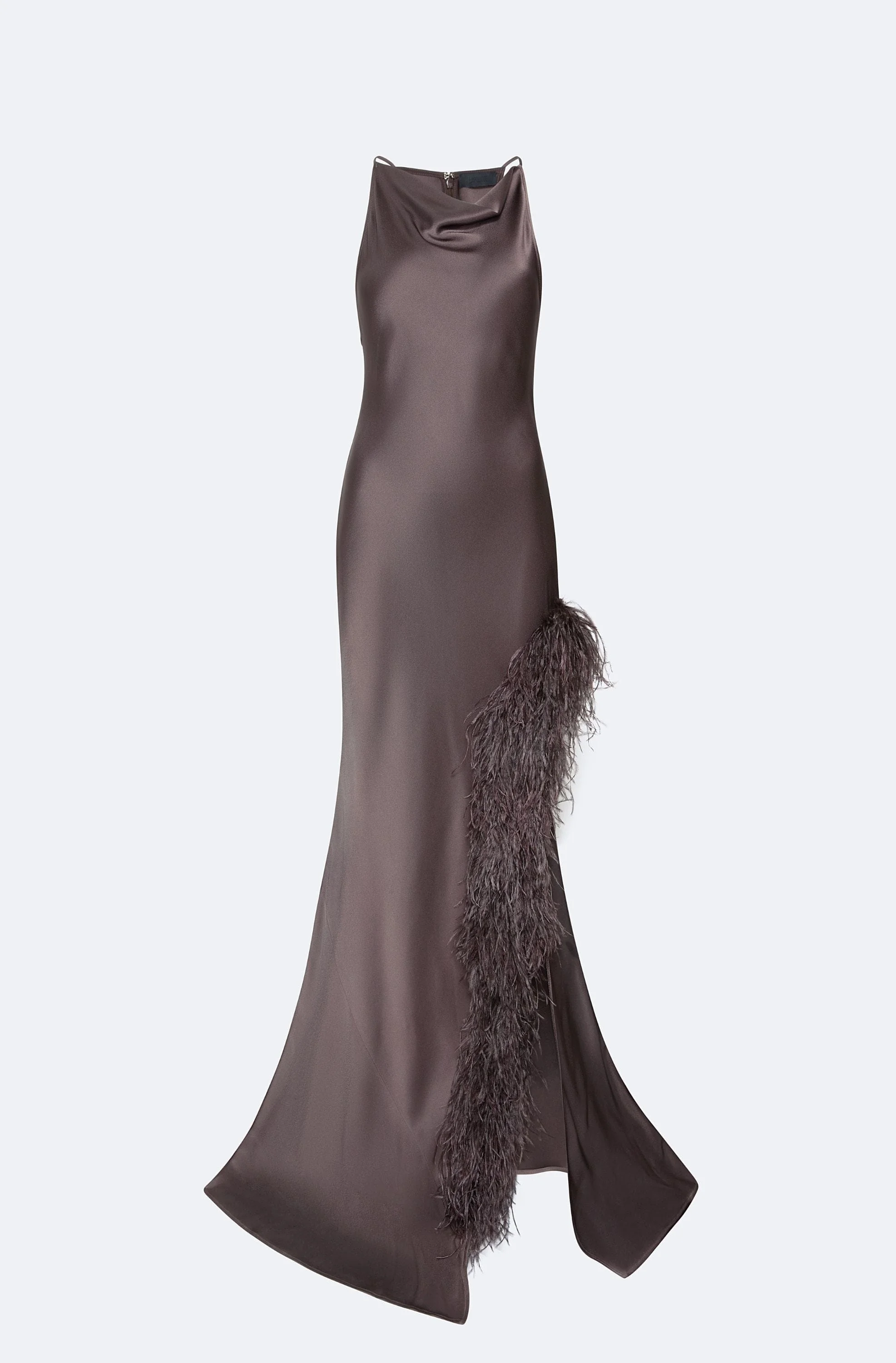 Satin Halter Gown With Feathers - 1