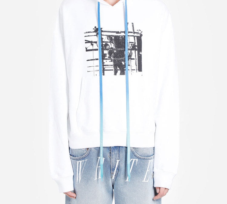 Men's Off-White Printed Logo Arrow Hooded Long Sleeves White OMBB037F19E300070110 - 3