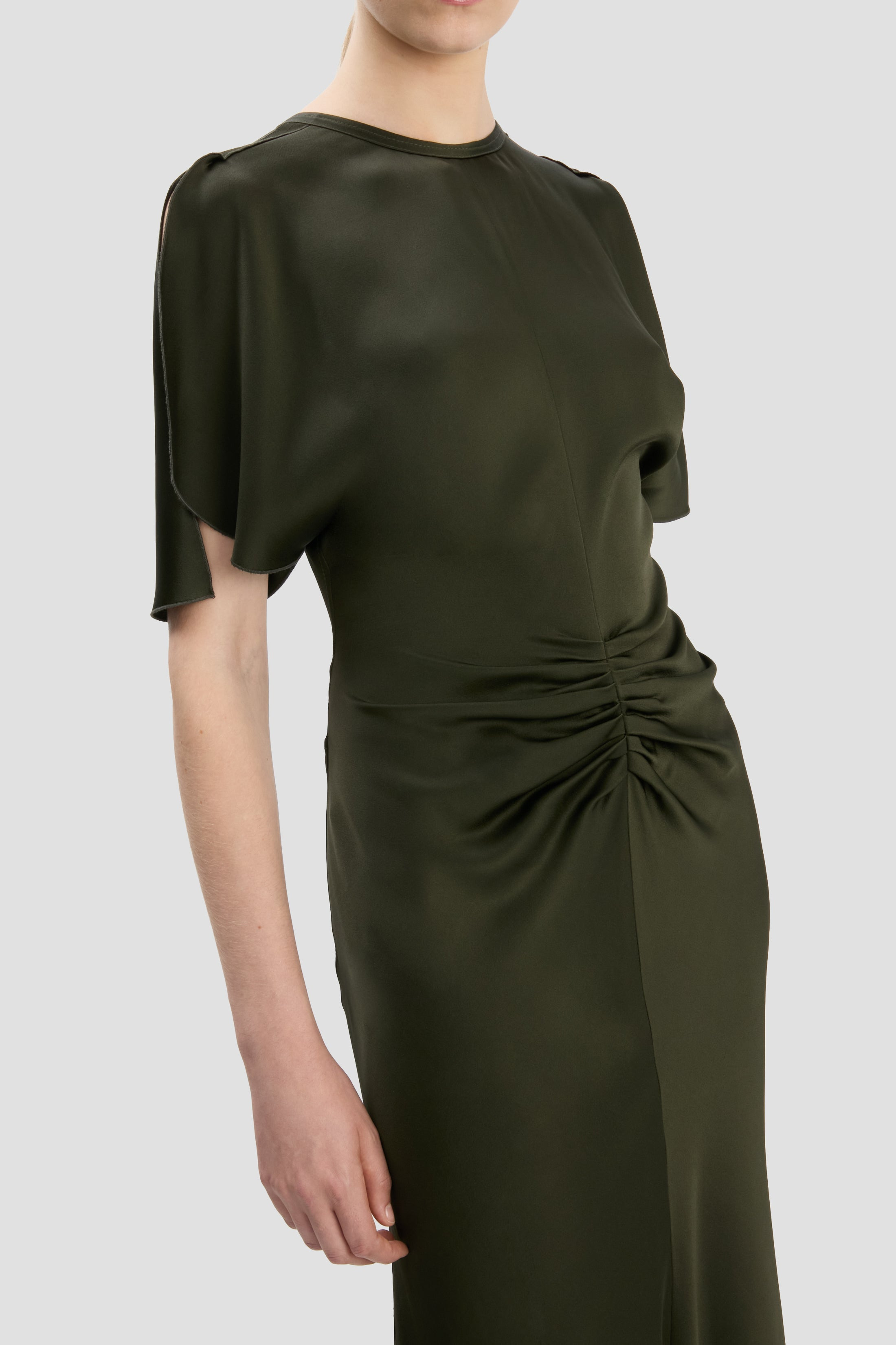 Gathered Waist Floor-Length Dress In Dark Olive - 4