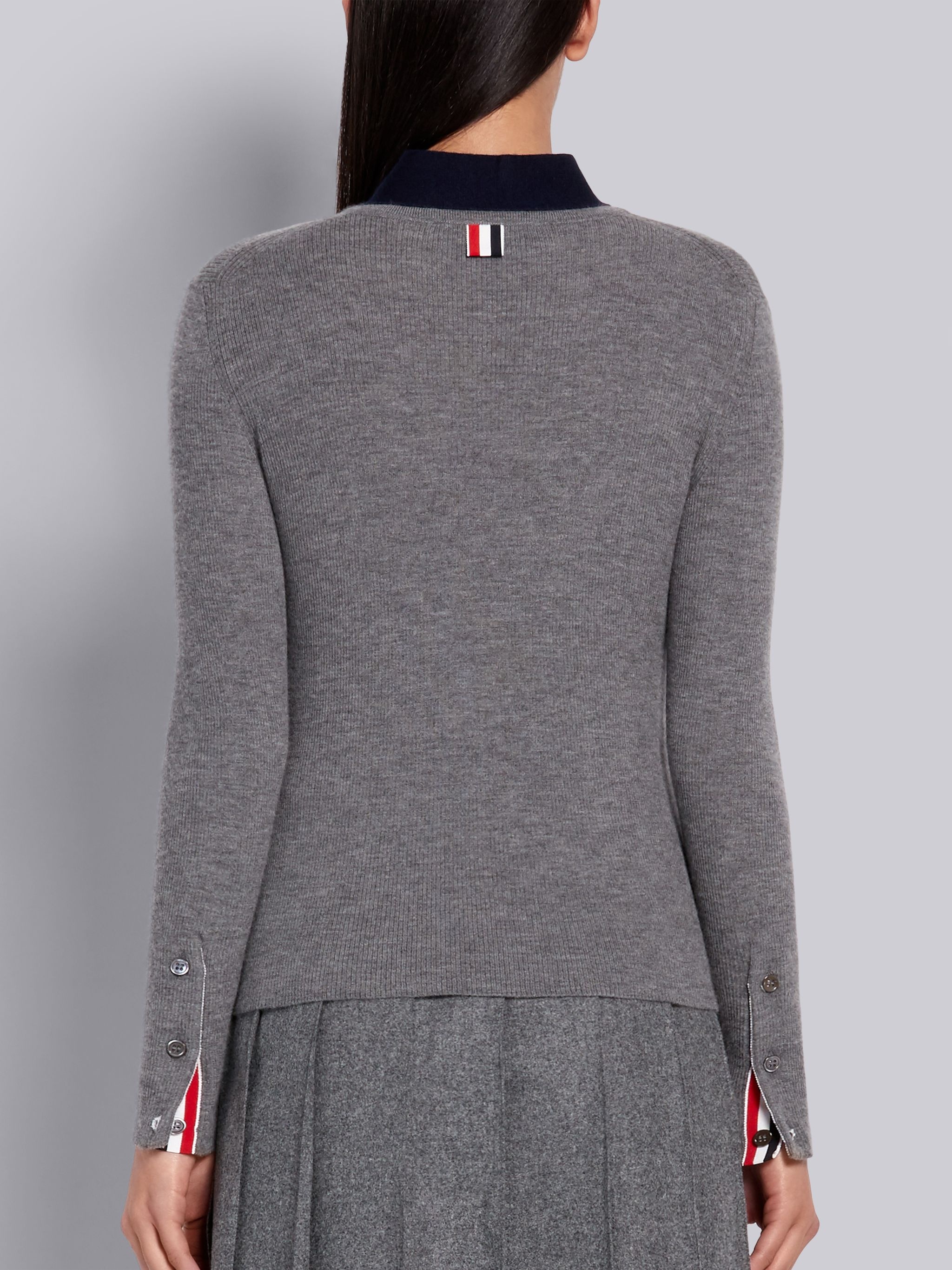 Medium Grey Cashmere Rib Neck Tie Crewneck Pullover - 3