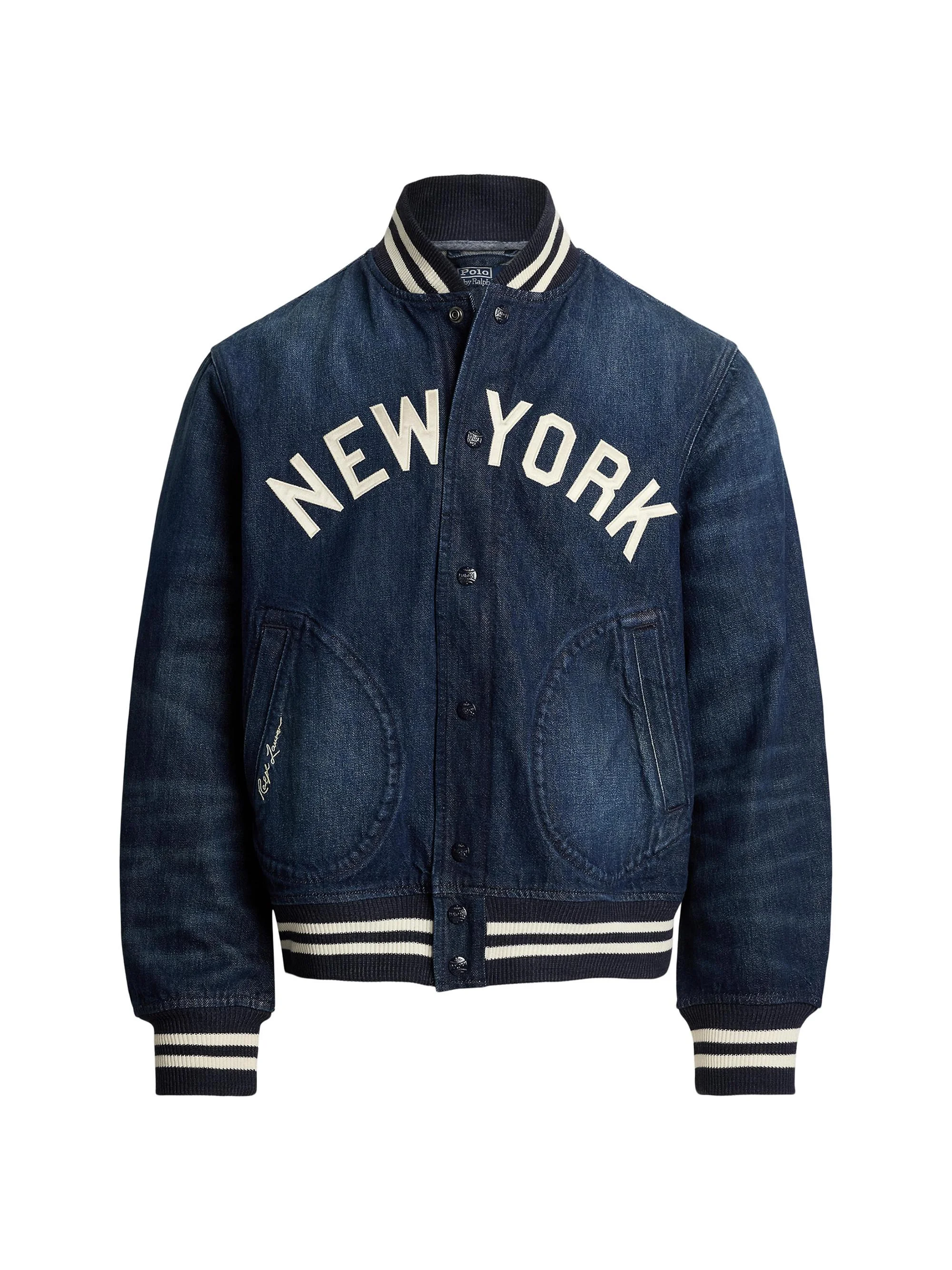 Men's Yankees Denim Bomber Jacket - Blue - 1