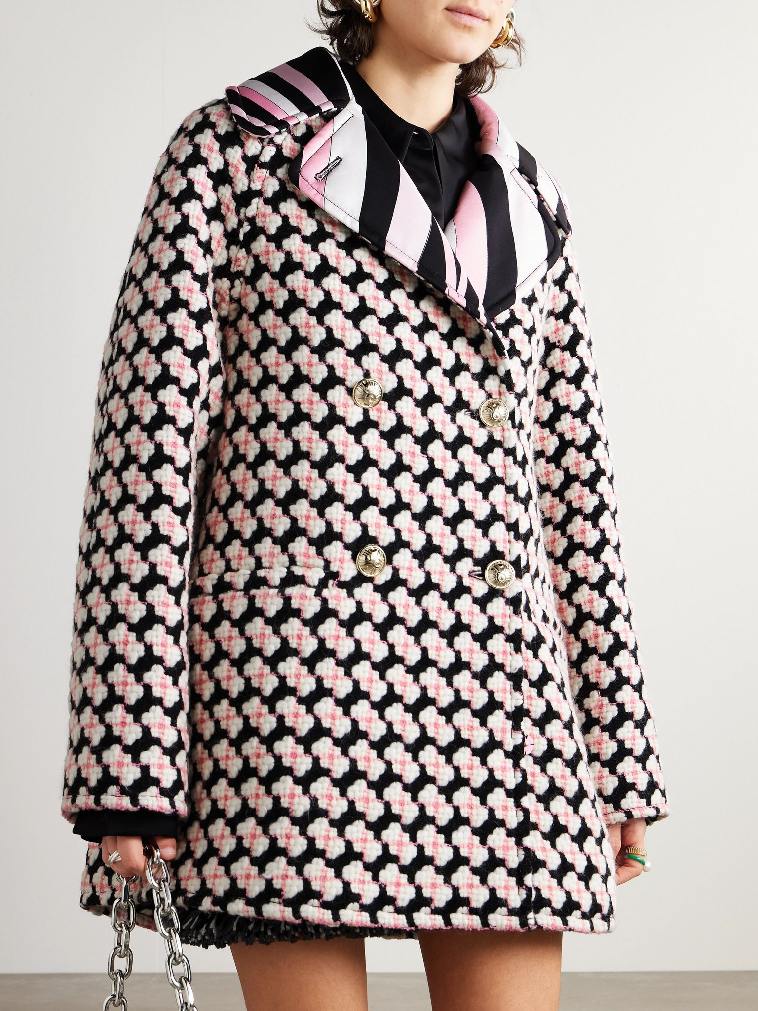 Reversible double-breasted printed silk-twill and wool-blend tweed jacket Pink - 3