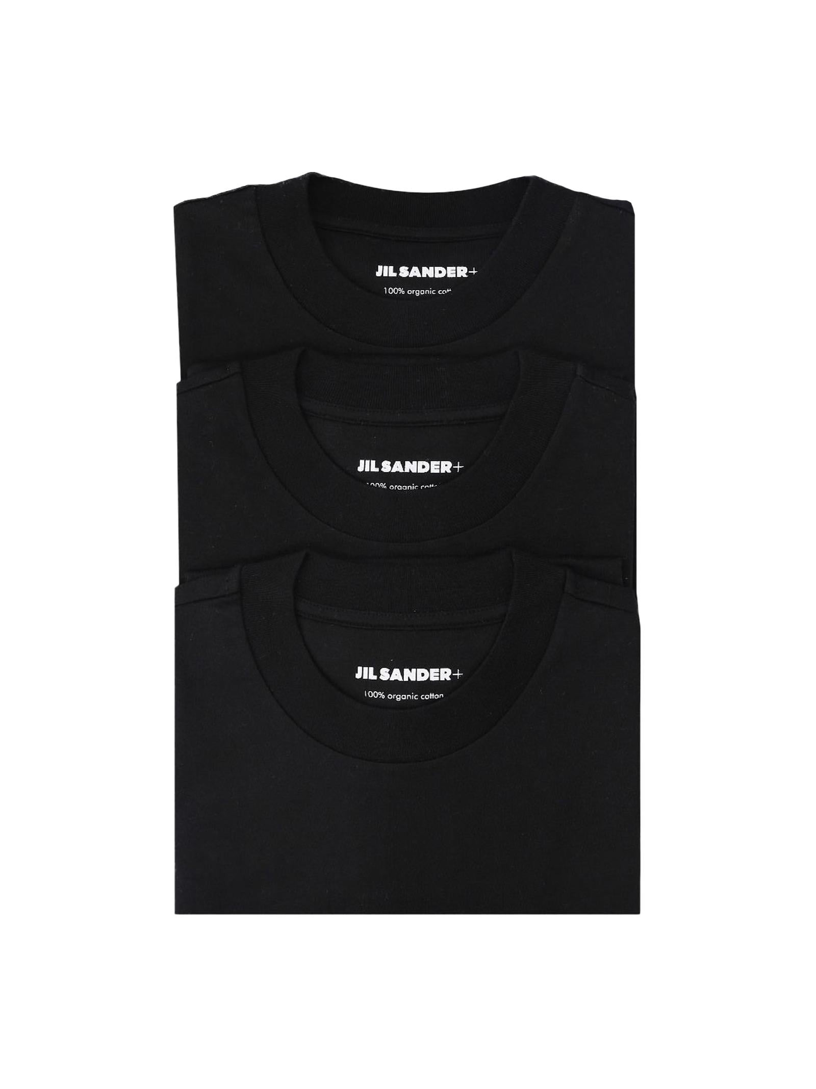 Black organic cotton three-pack T-shirt set with Jil Sander+ logo label stitched at bottom. - 1