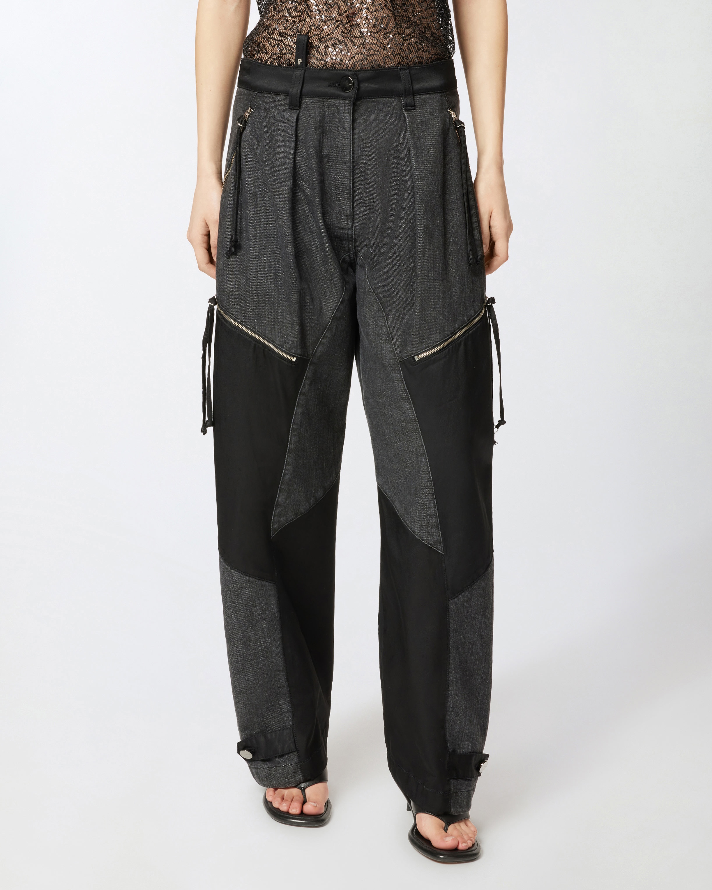 P-PANTS IN BLACK DENIM AND SATIN WITH ZIP - 3
