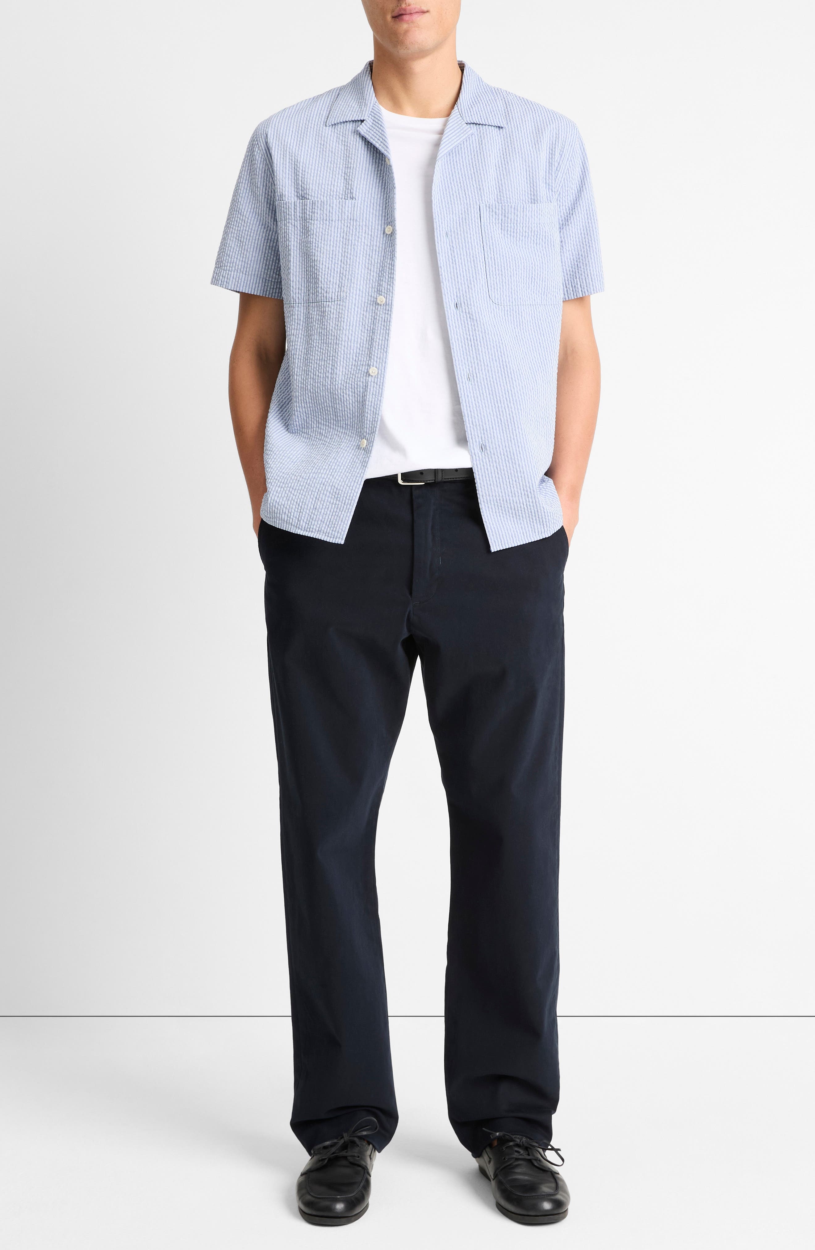 Vince Classic Fit Stripe Seersucker Camp Shirt in Dark Playa Blue at Nordstrom - 3