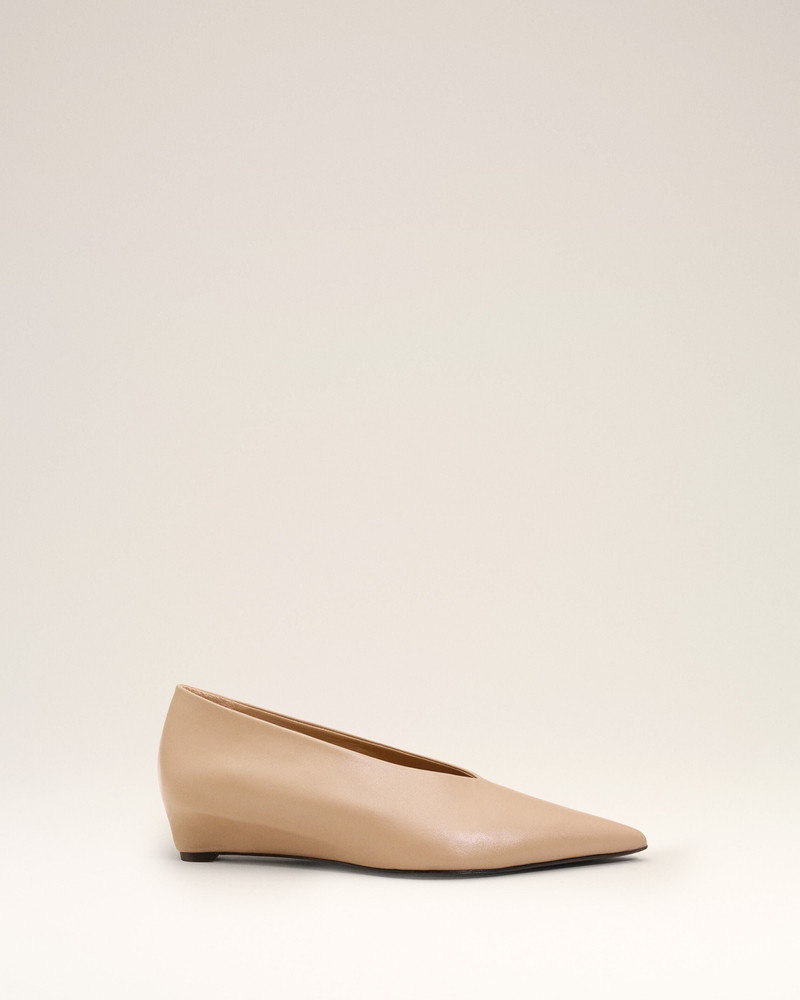 BEIGE LAMB LEATHER POINTED TOE WEDGE PUMP 1