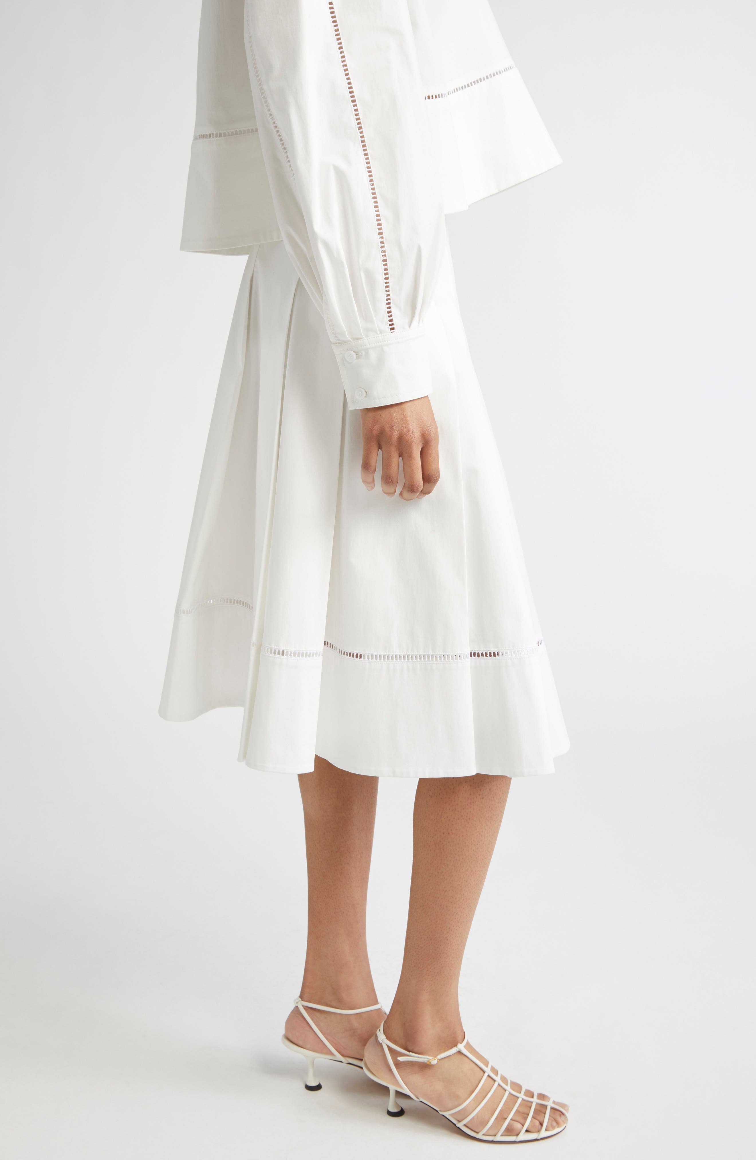Proenza Schouler Laci Ladder Stitch Inset Pleated Stretch Cotton Poplin Skirt in White at Nordstrom - 4