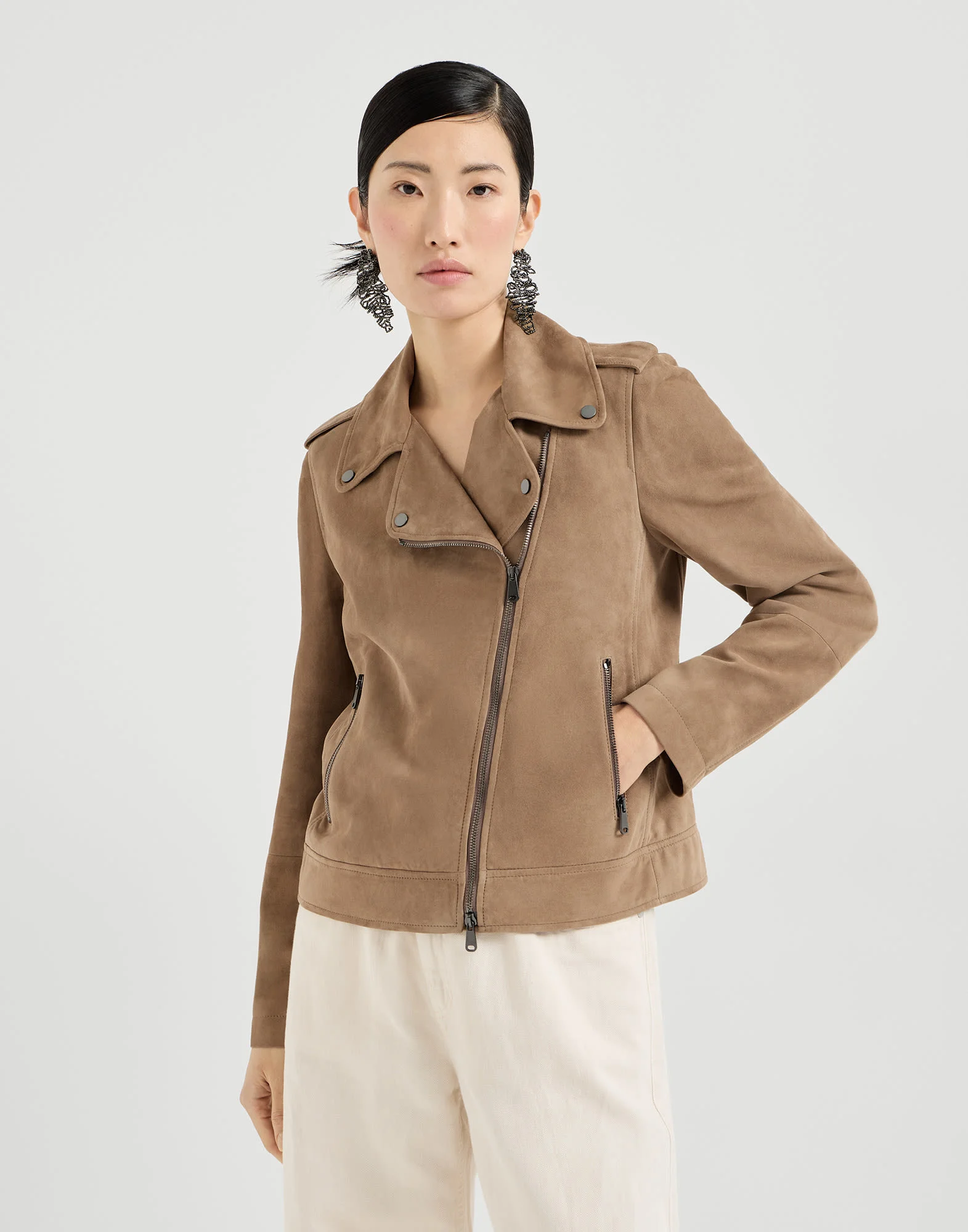Suede biker jacket with monili - 1