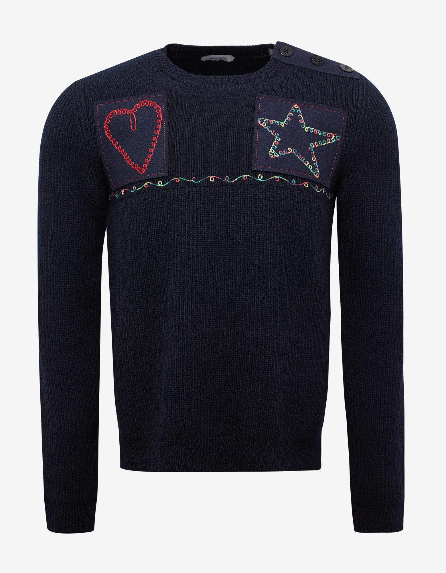 Valentino Navy Blue Marine Embroidered Wool Sweater - 1