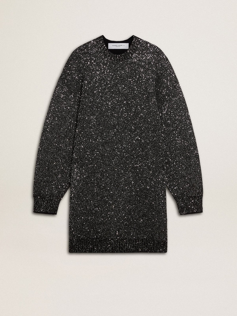 Women's black crew neck dress with all-over silver sequins 1