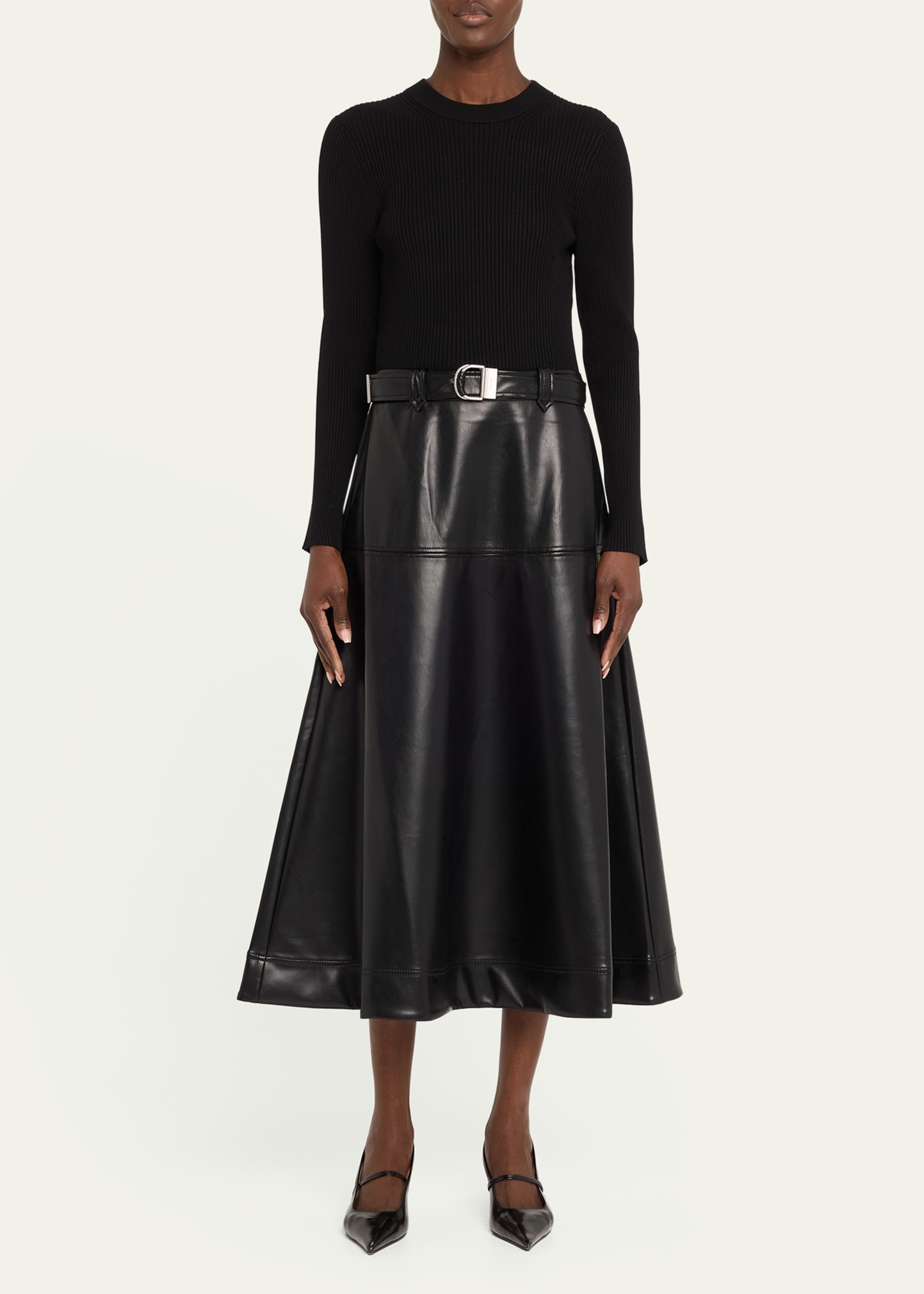 Ulyssia Belted Knit and Faux-Leather Combo Midi Dress - 2