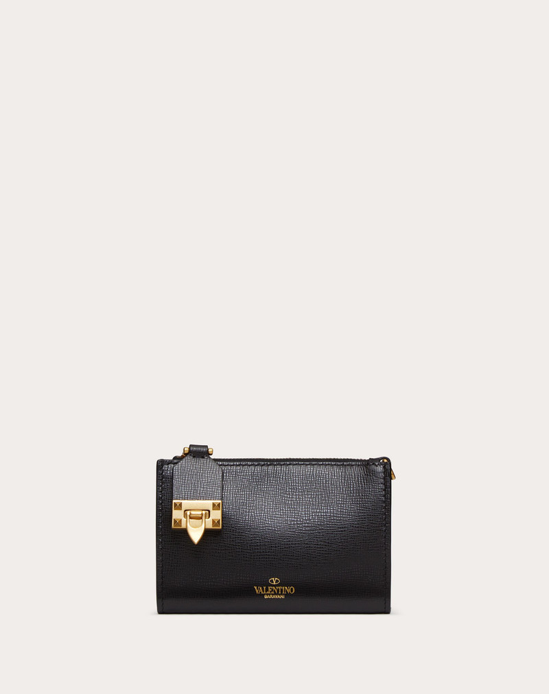 VALENTINO GARAVANI ROCKSTUD ZIPPER COIN PURSE AND CARDHOLDER IN GRAINY CALFSKIN LEATHER 1
