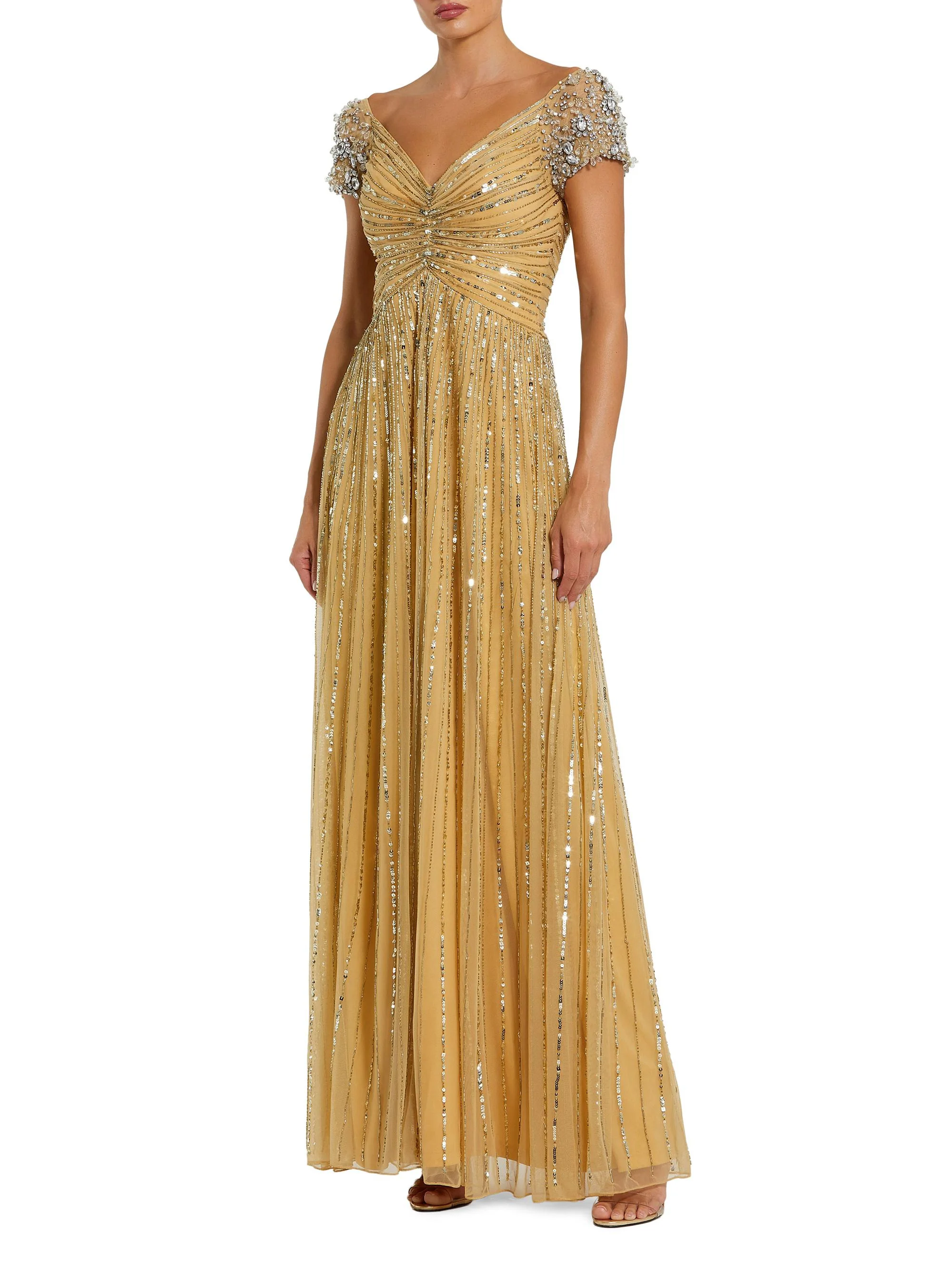 Women's Embellished Mesh Fit & Flare Gown - Gold - 1