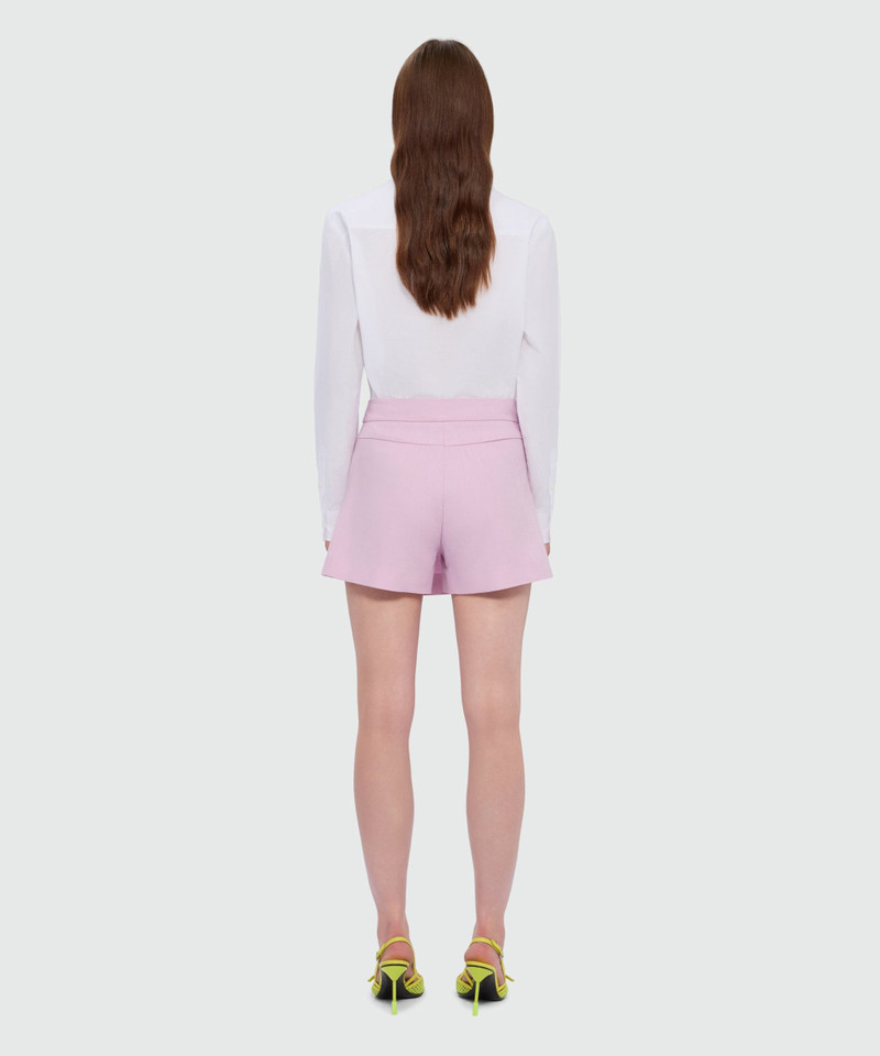 Pink viscose-blend canvas shorts with wrap closure and visible button 3