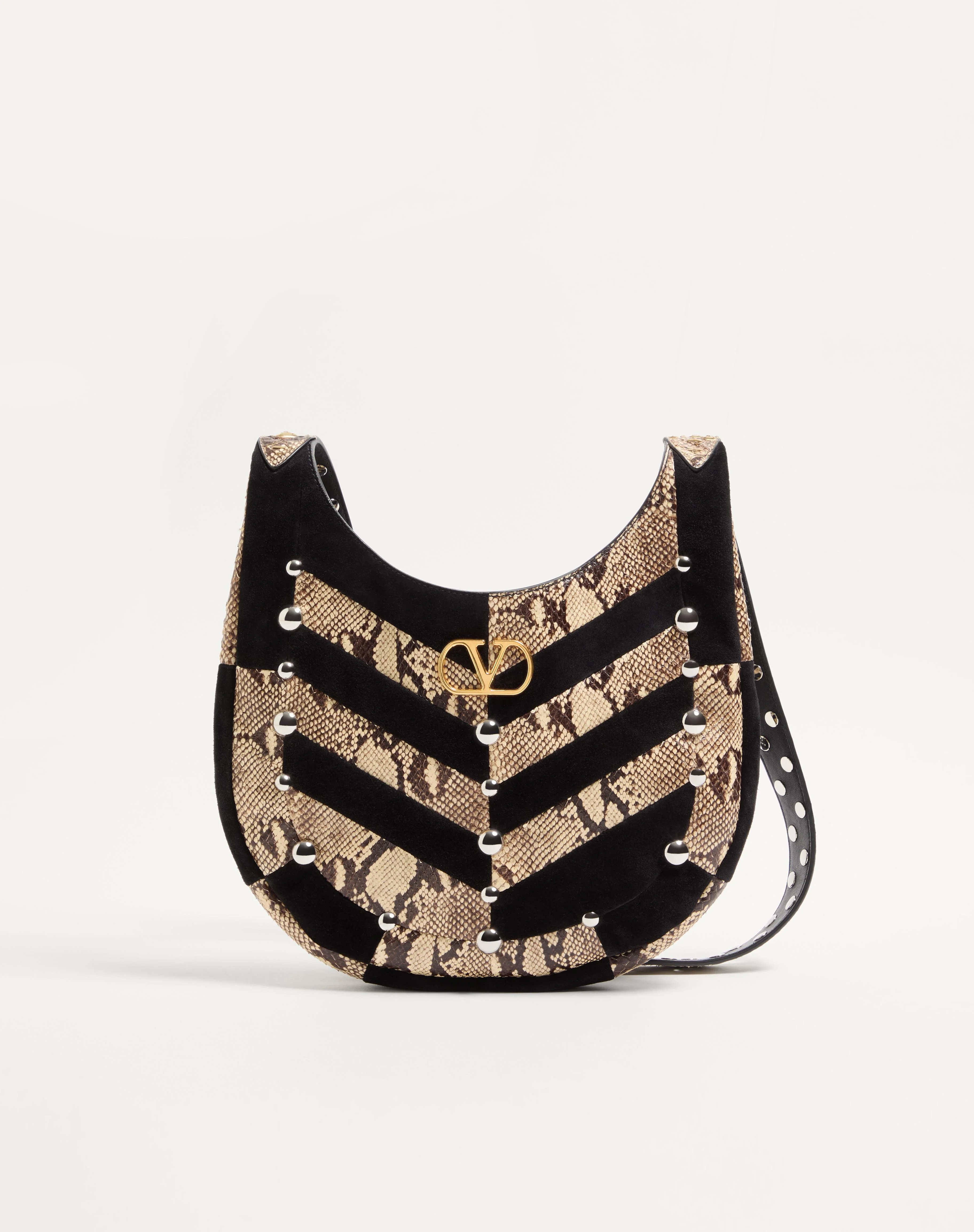 VALENTINO GARAVANI HOBOHO SMALL HOBO BAG IN PYTHON AND CHEVRON-PATTERNED SUEDE WITH STUDS - 1