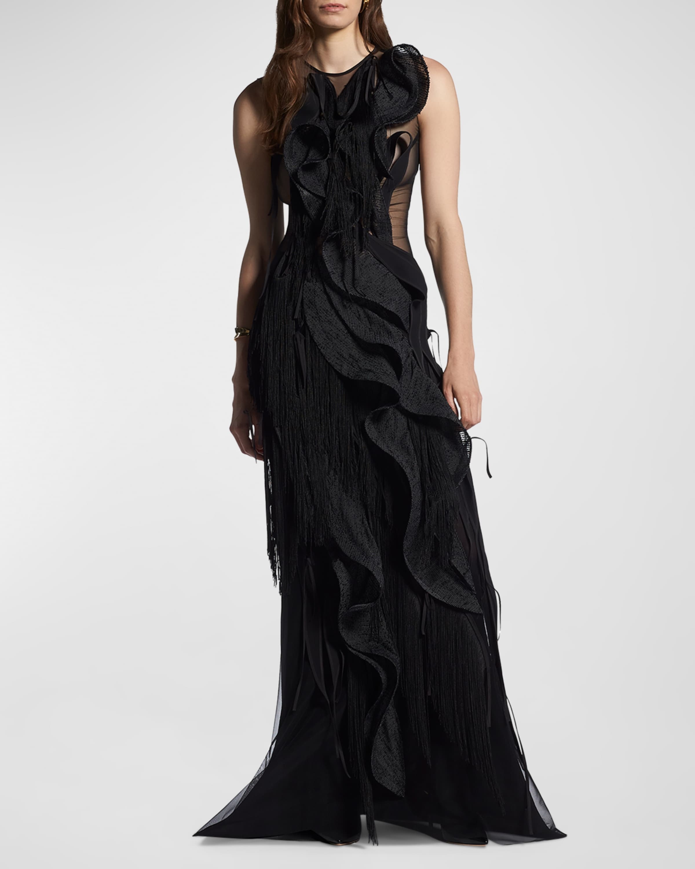 Hedone Sheer Fringe Ruffle Gown - 2