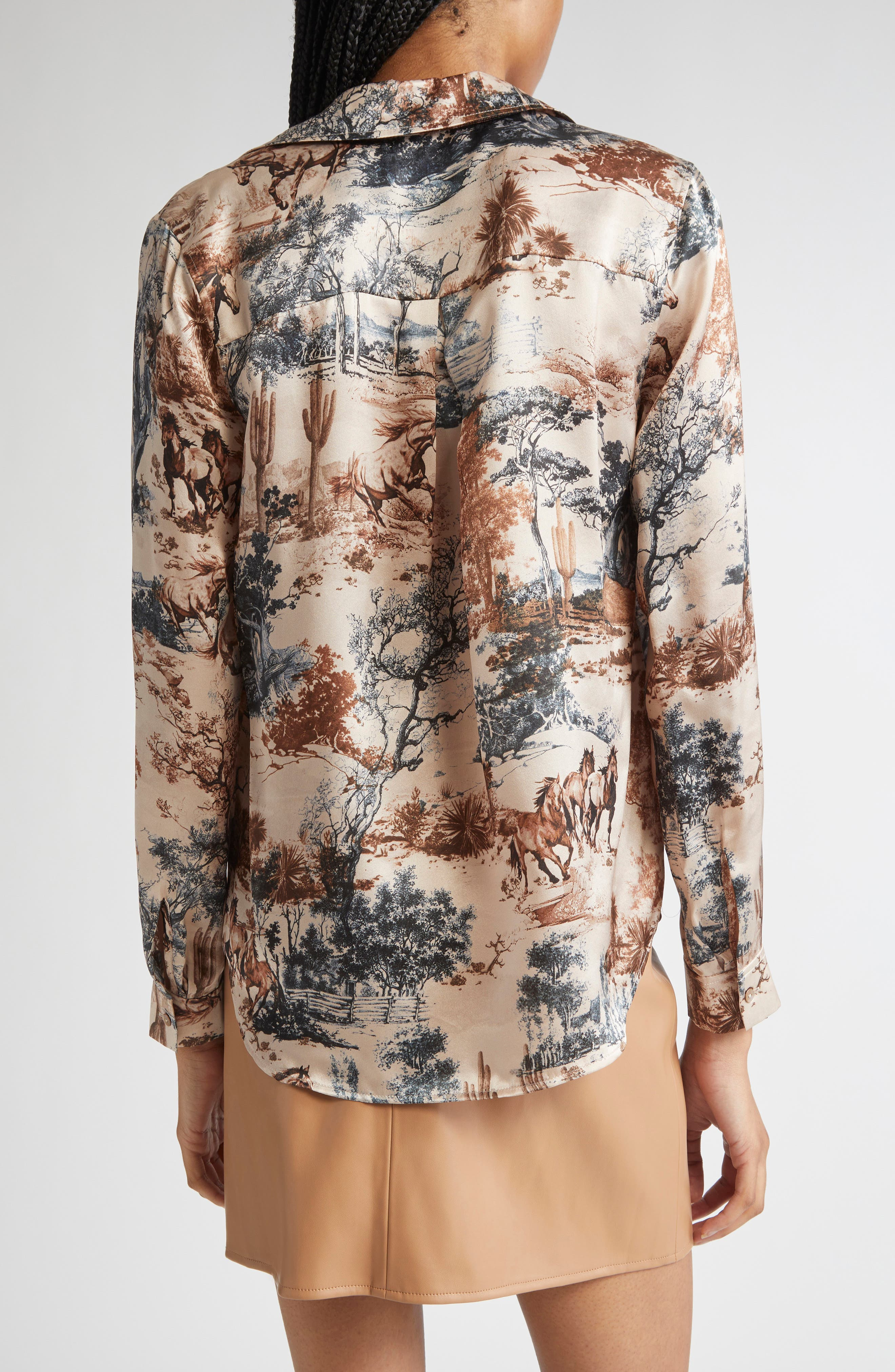 L'AGENCE Tyler Print Silk Button-Up Shirt in Tan Mt Western Toile at Nordstrom - 3