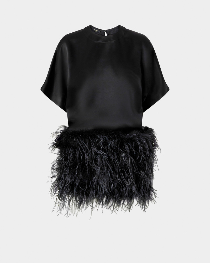 GLOSSY SATIN EVENING DRESS WITH FEATHERS 1