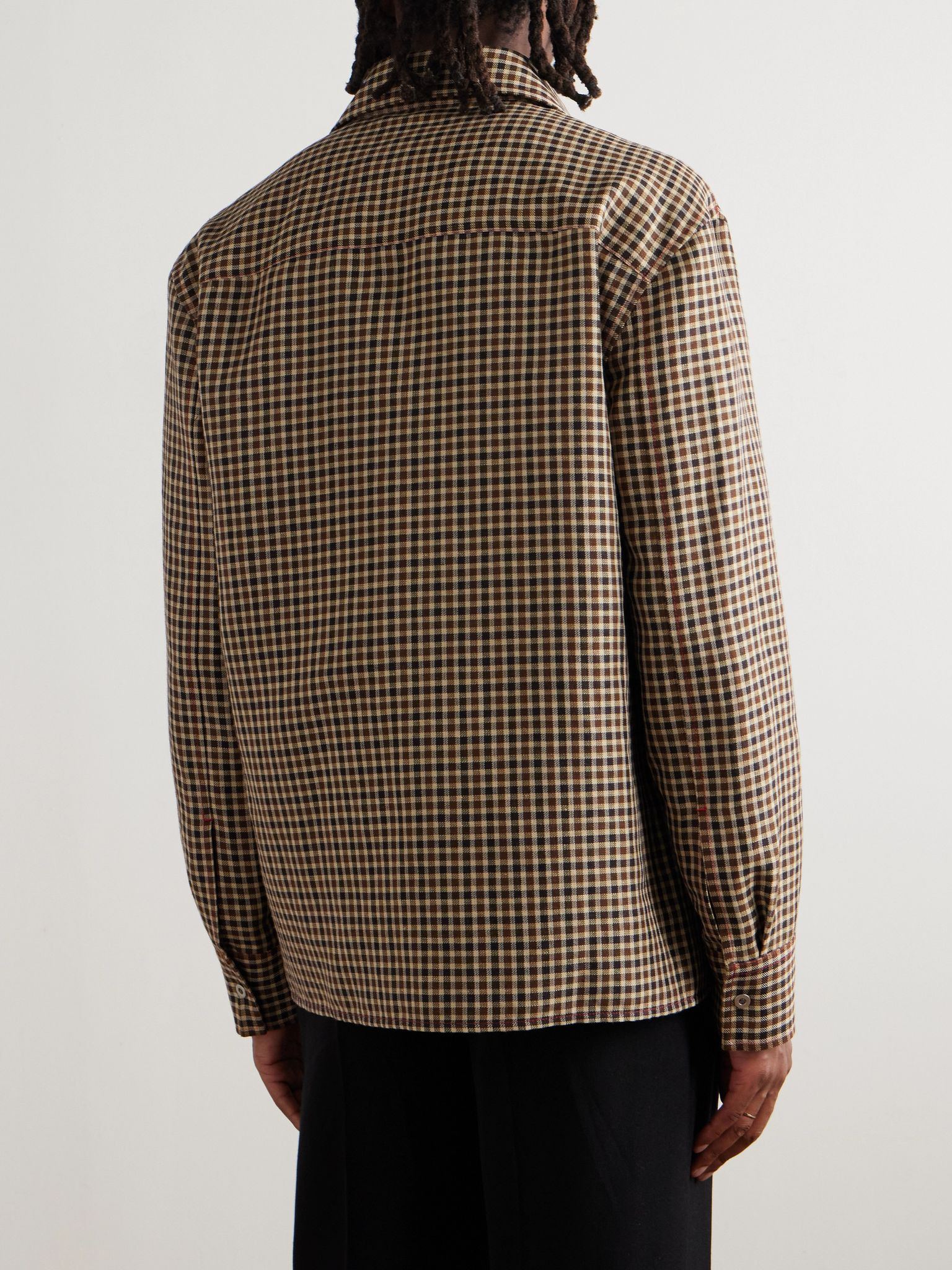 Embellished Checked Wool and Linen-Blend Shirt Brown - 3