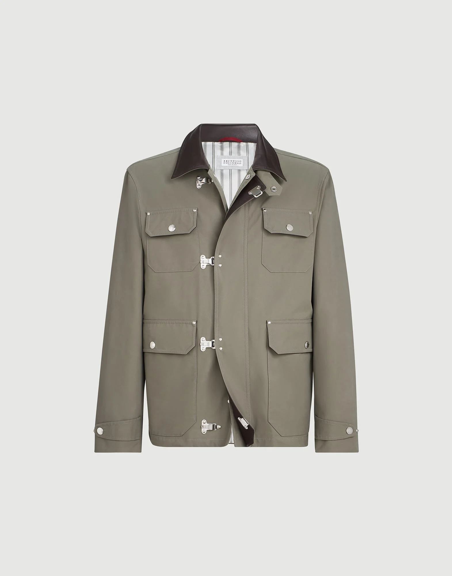 Water-resistant techno cotton gabardine outerwear jacket with leather inserts and hook fastening - 1