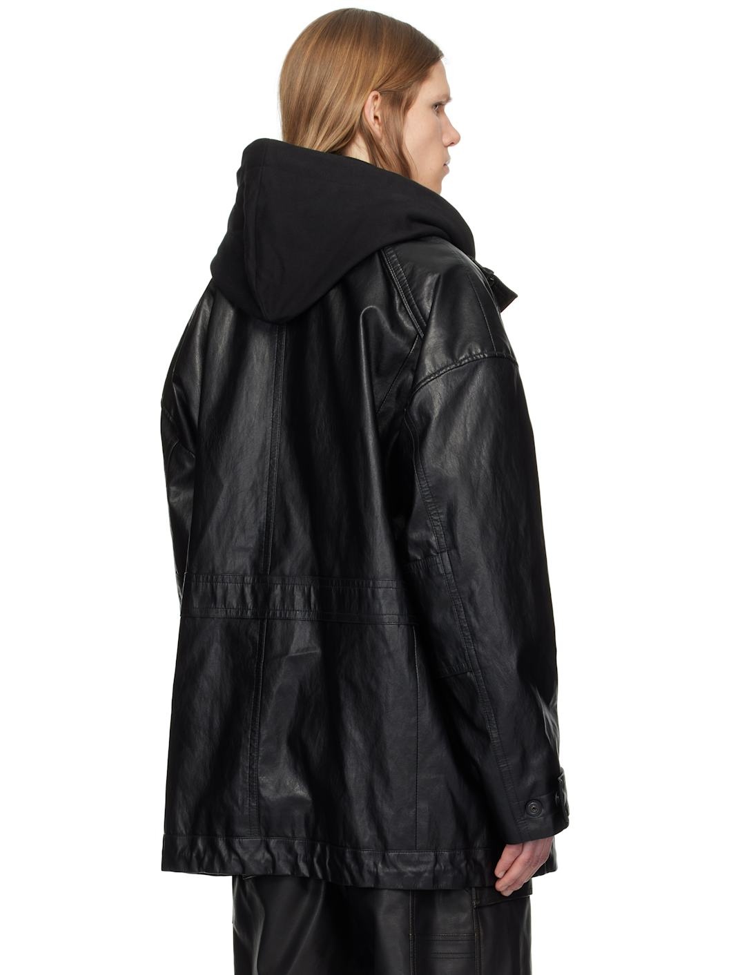 Juun. J Black Hood Detachable Car Faux-Leather Coat - 3