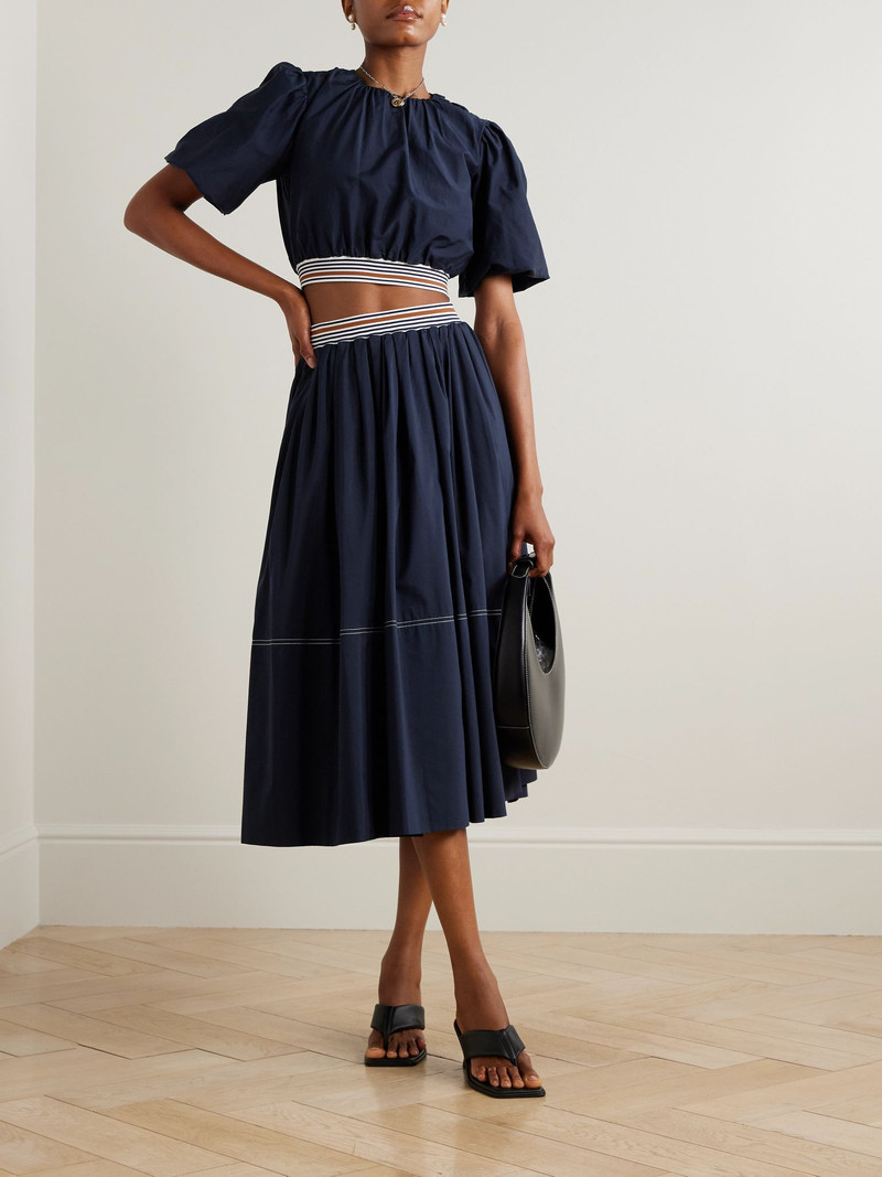 VERONICA BEARD Gabriela cropped striped cotton and silk-blend blouse Navy outlook