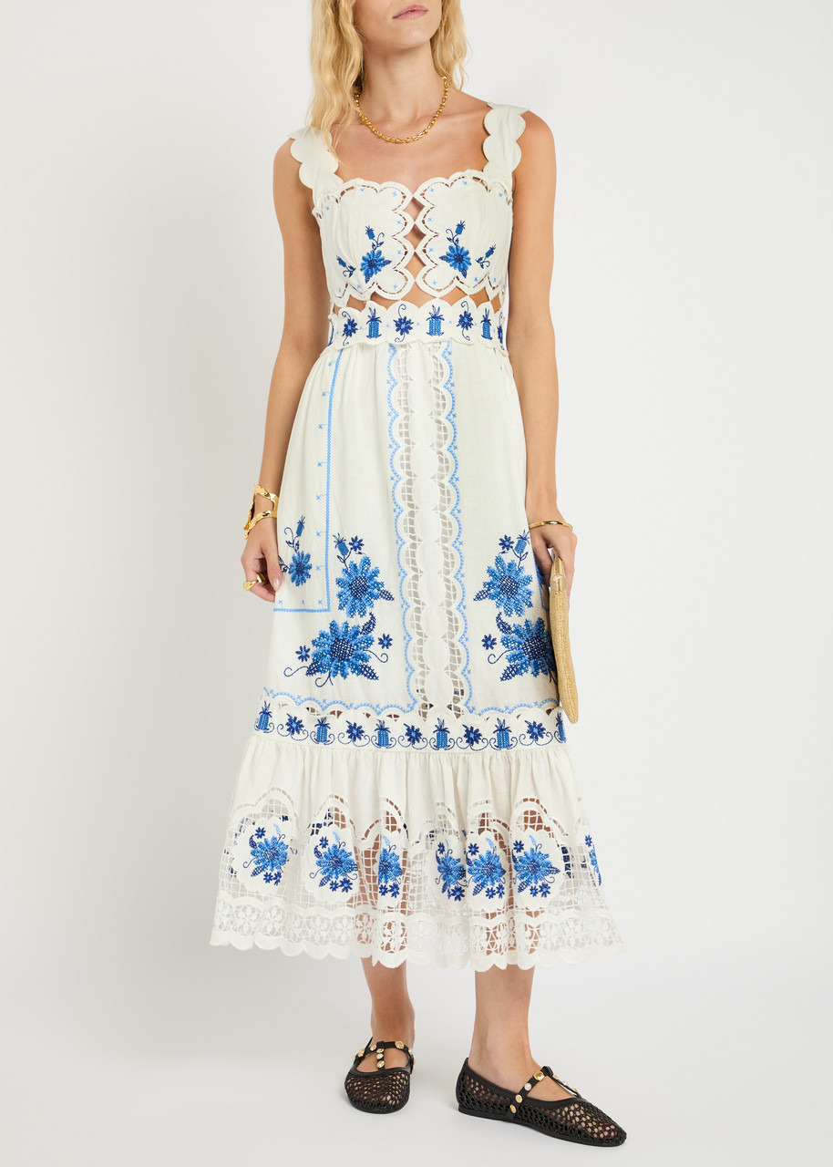 Farm Rio Floral-embroidered Linen-blend Midi Dress - 4