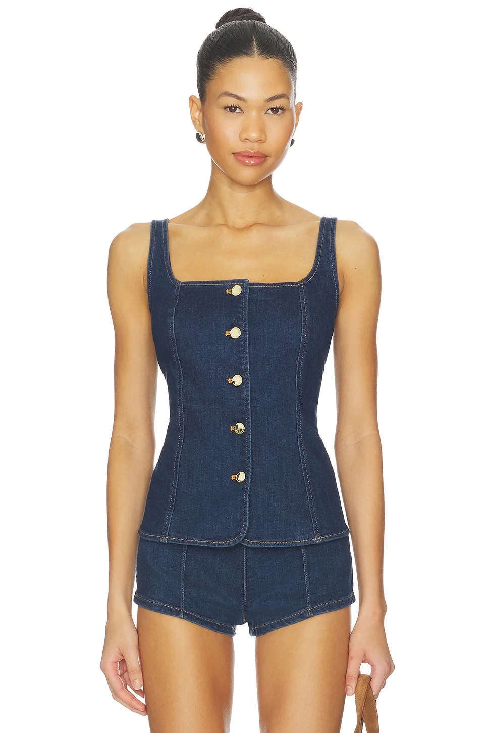 Sleeveless Button Front Denim Top - 1