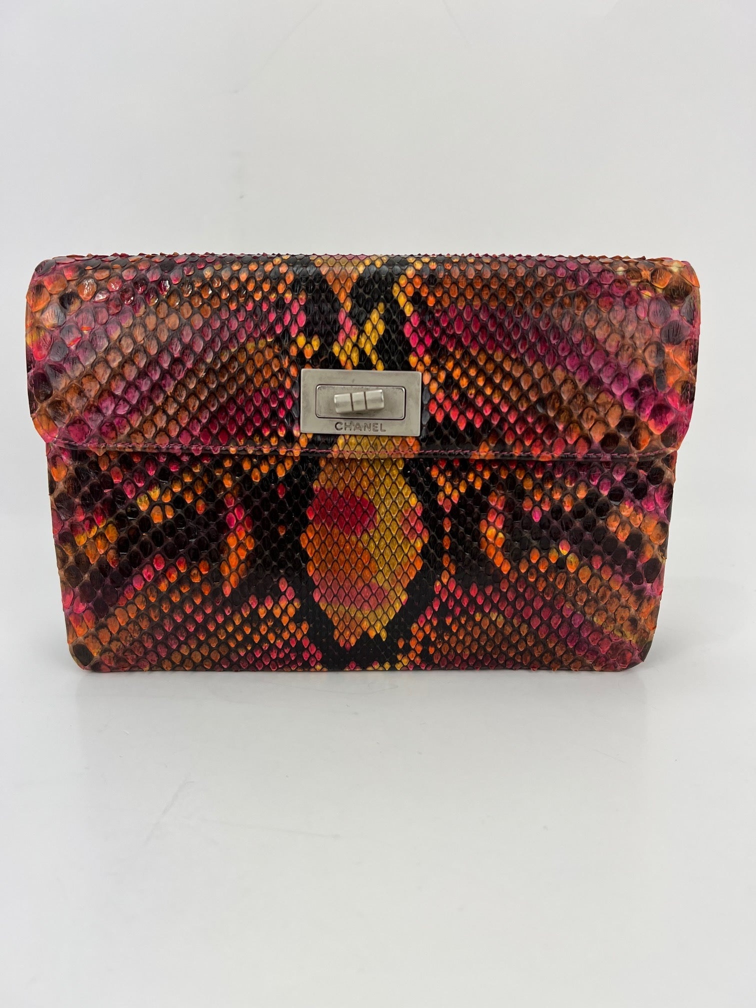 CHANEL Clutch Pink Multicolor Python Leather Flap Shoulder Bag Added Chain  Preowned
