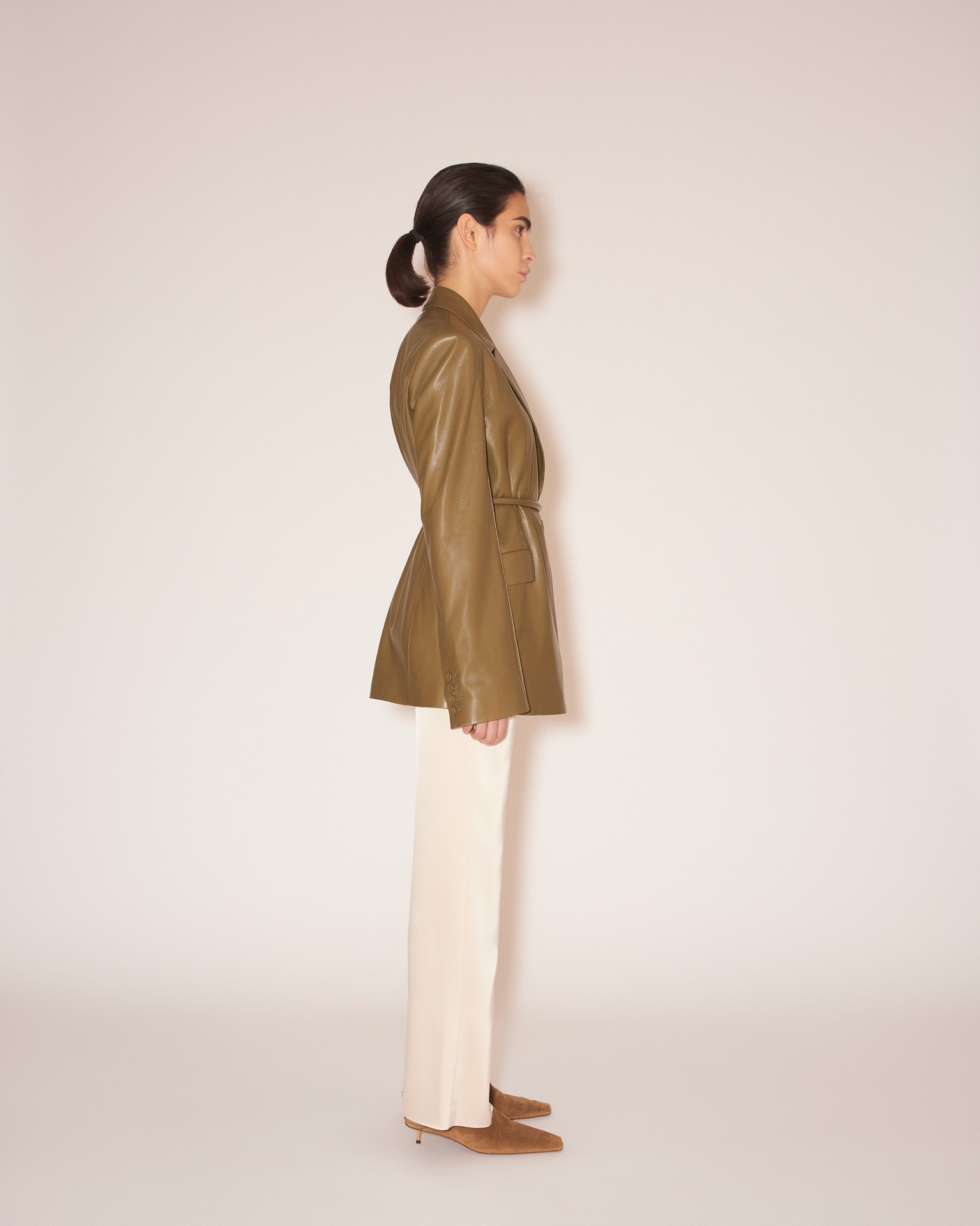 MARIKO - Vegan leather tie-waist blazer - Olive - 4