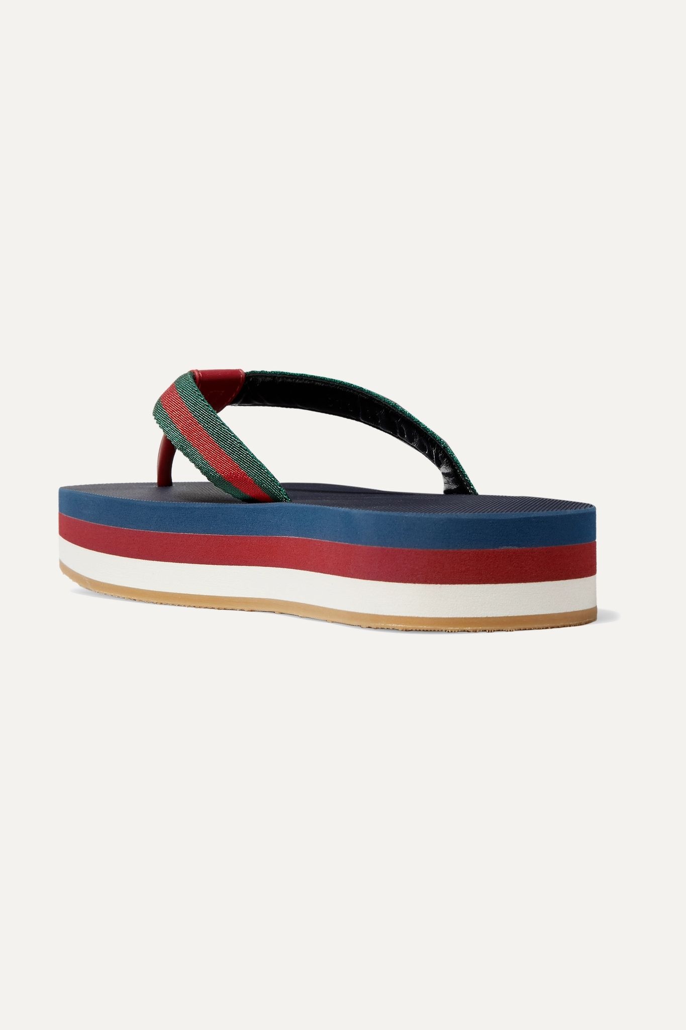 Embellished leather-trimmed striped canvas platform flip flops  - 4