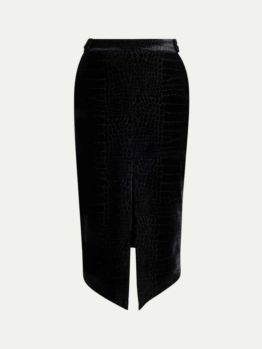 Croco-Embossed Velvet Midi Skirt - 1