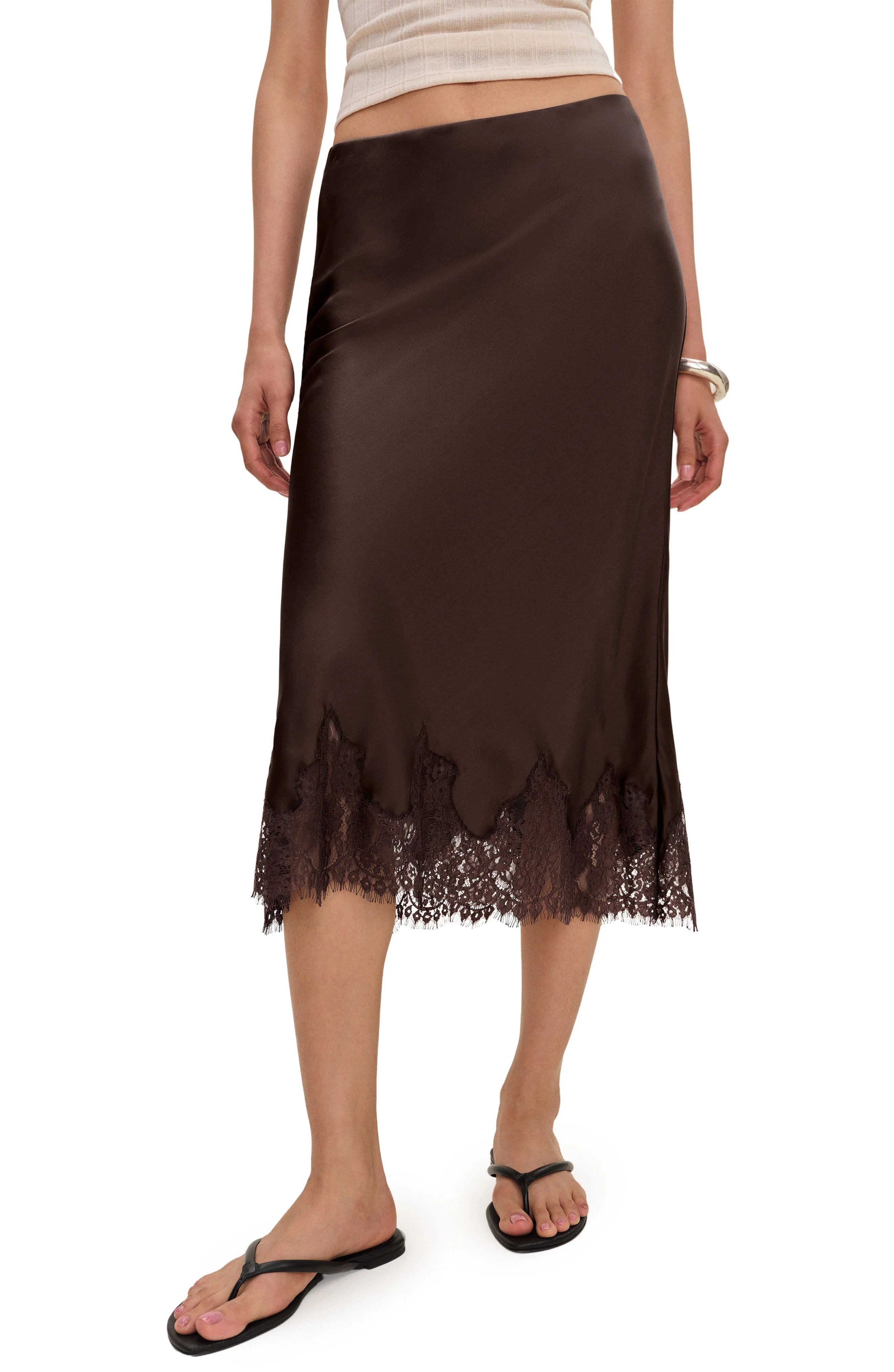 Reformation Carolina Lace Trim Silk Midi Skirt in Black Bean at Nordstrom - 1