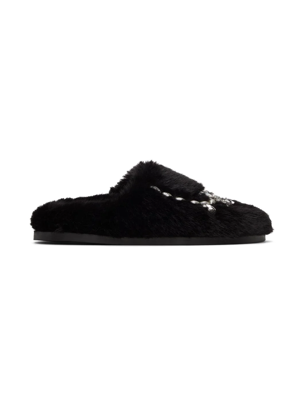 Black Embellished Furry Slippers - 1