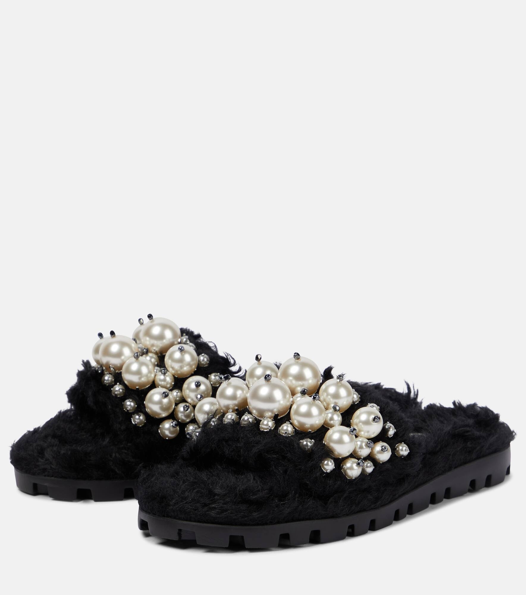 Embellished faux shearling slides - 5