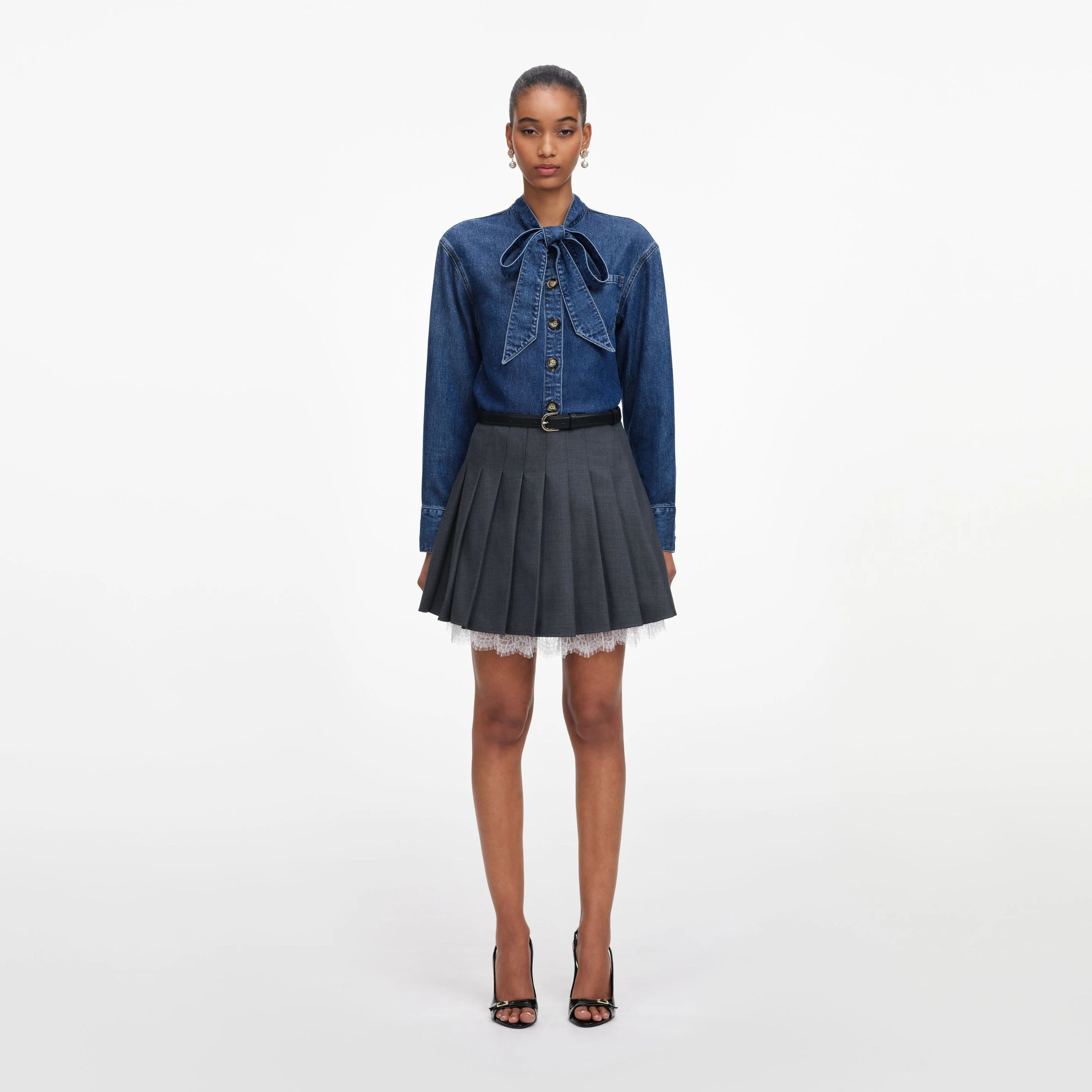 Denim Tie Neck Shirt - 1