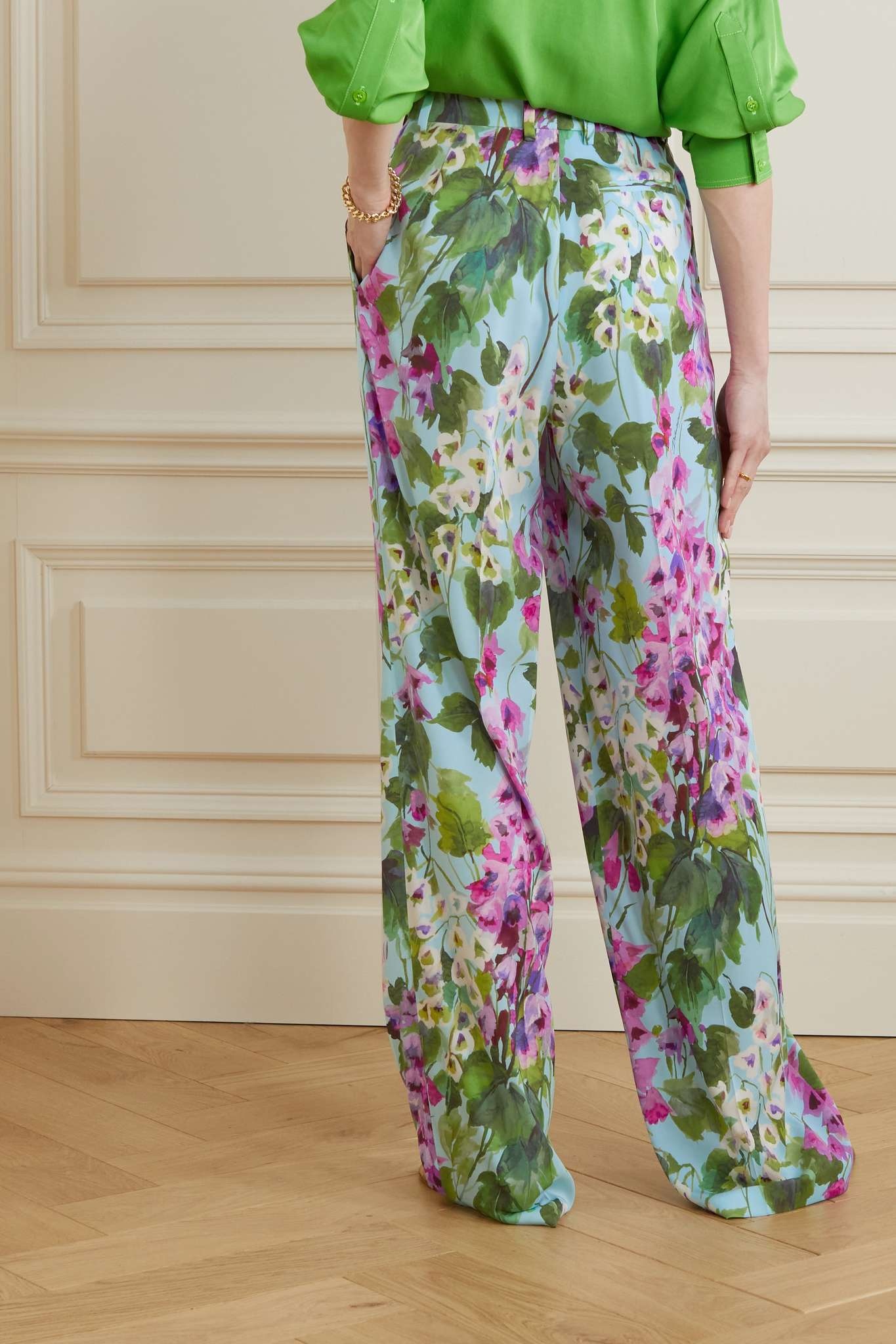 Floral-print silk-blend charmeuse wide-leg pants - 3