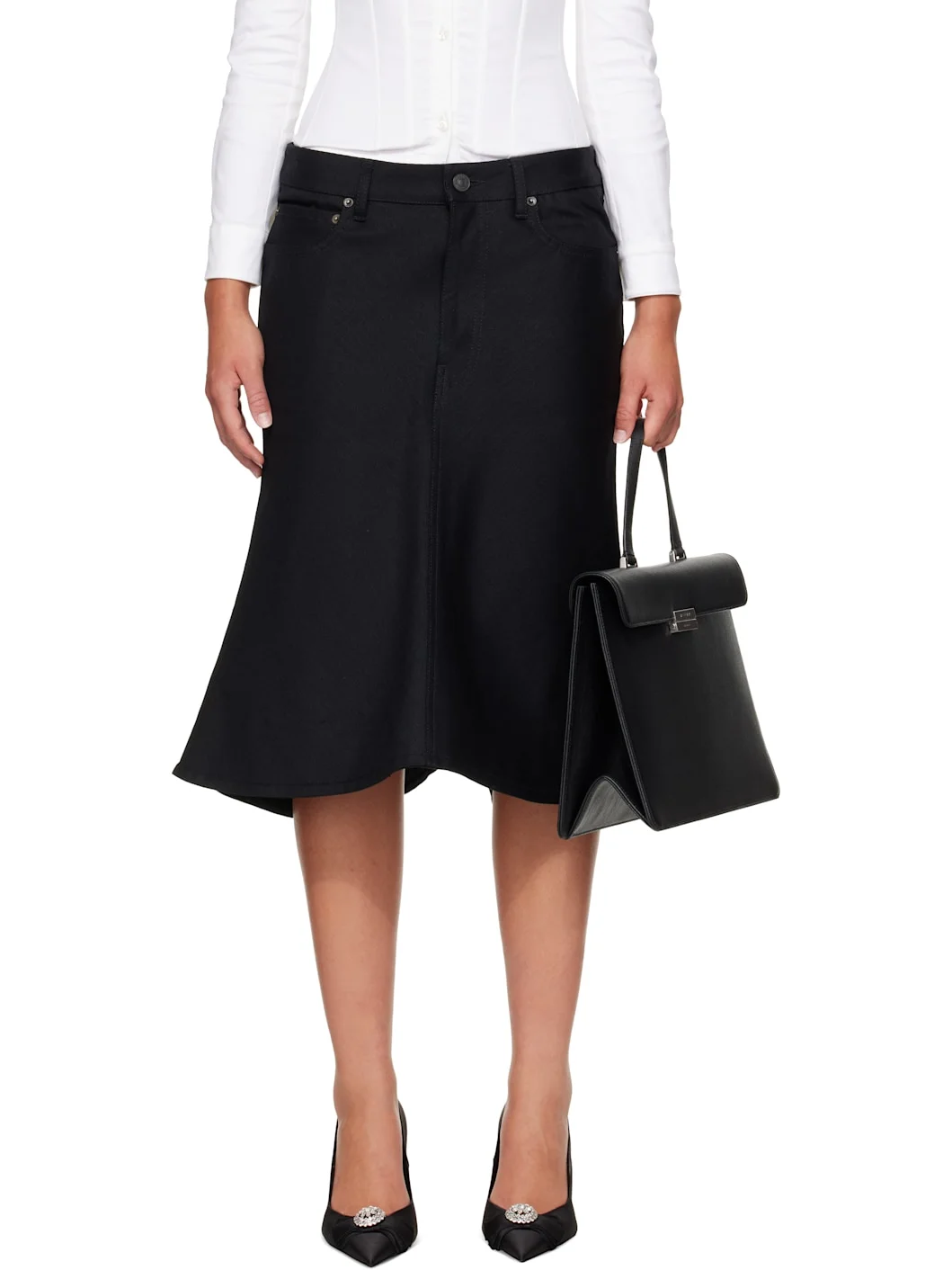 Black Flared Denim Midi Skirt - 1