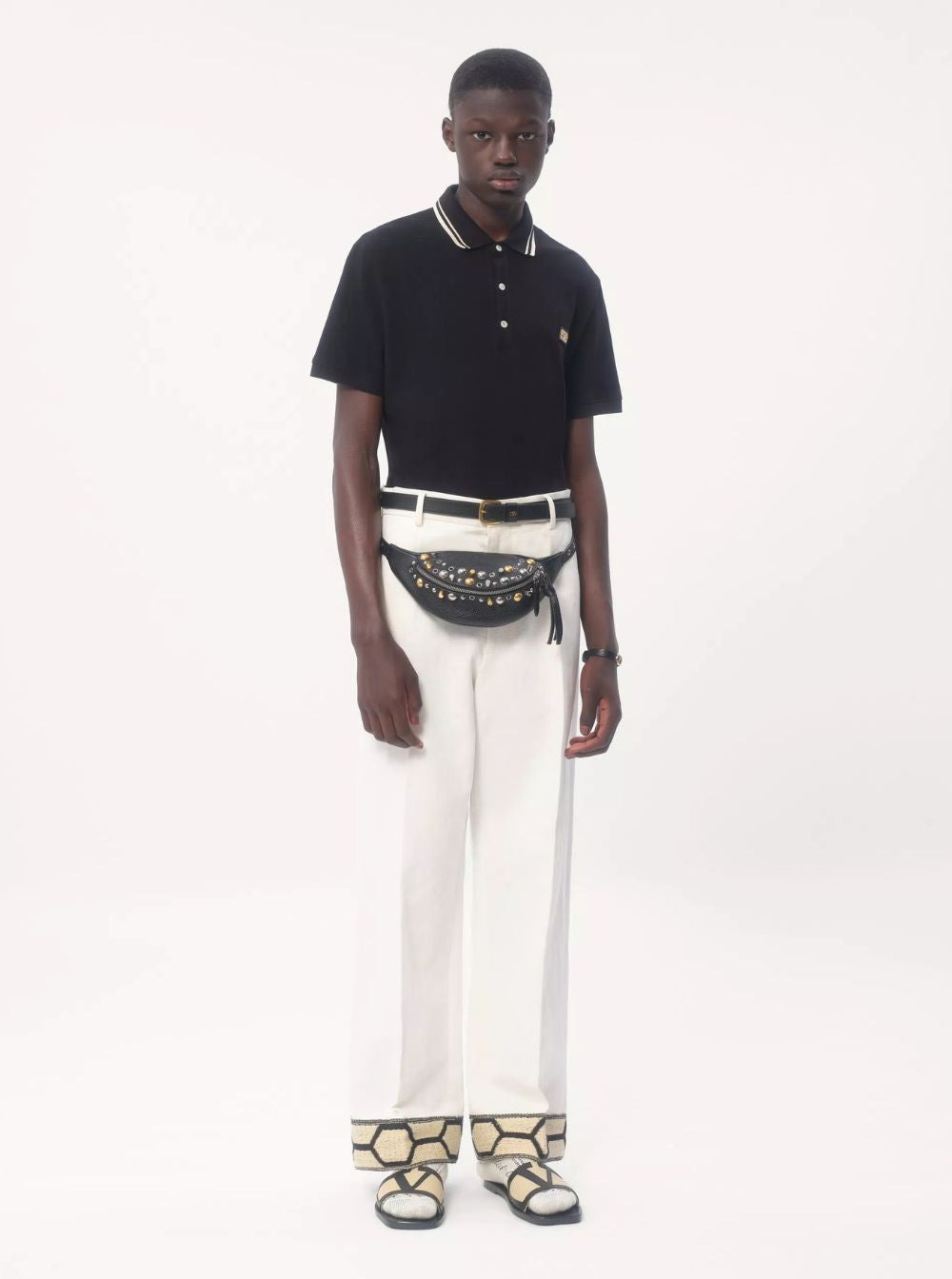 Valentino Men Black Polo Shirt With Classic Bicolor Collar And Logo Patch On The Front In Cotton Man - 4