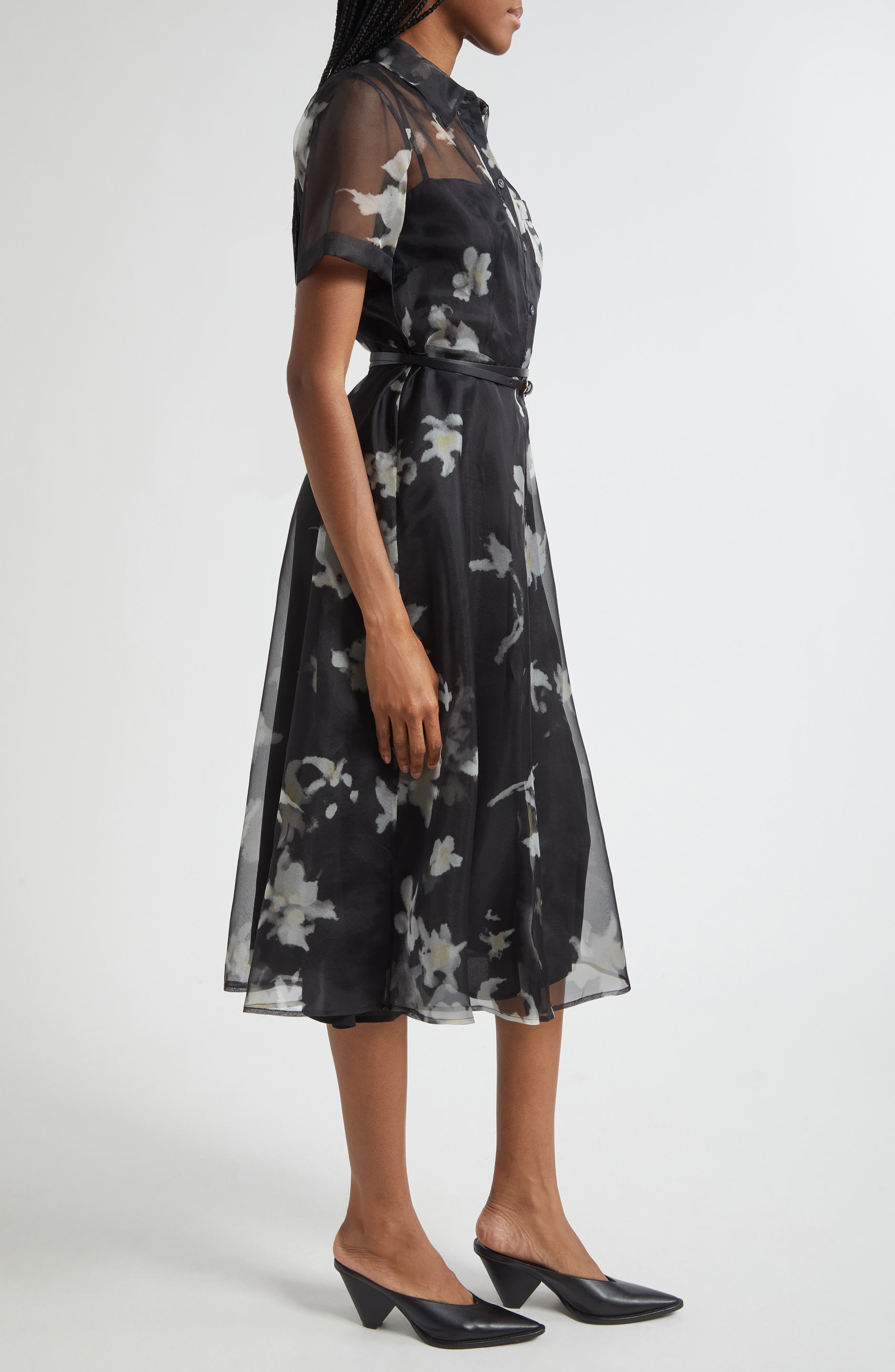 Altuzarra Kiera Print Silk Chiffon Belted Shirtdress in Black Inky Flowers at Nordstrom - 3