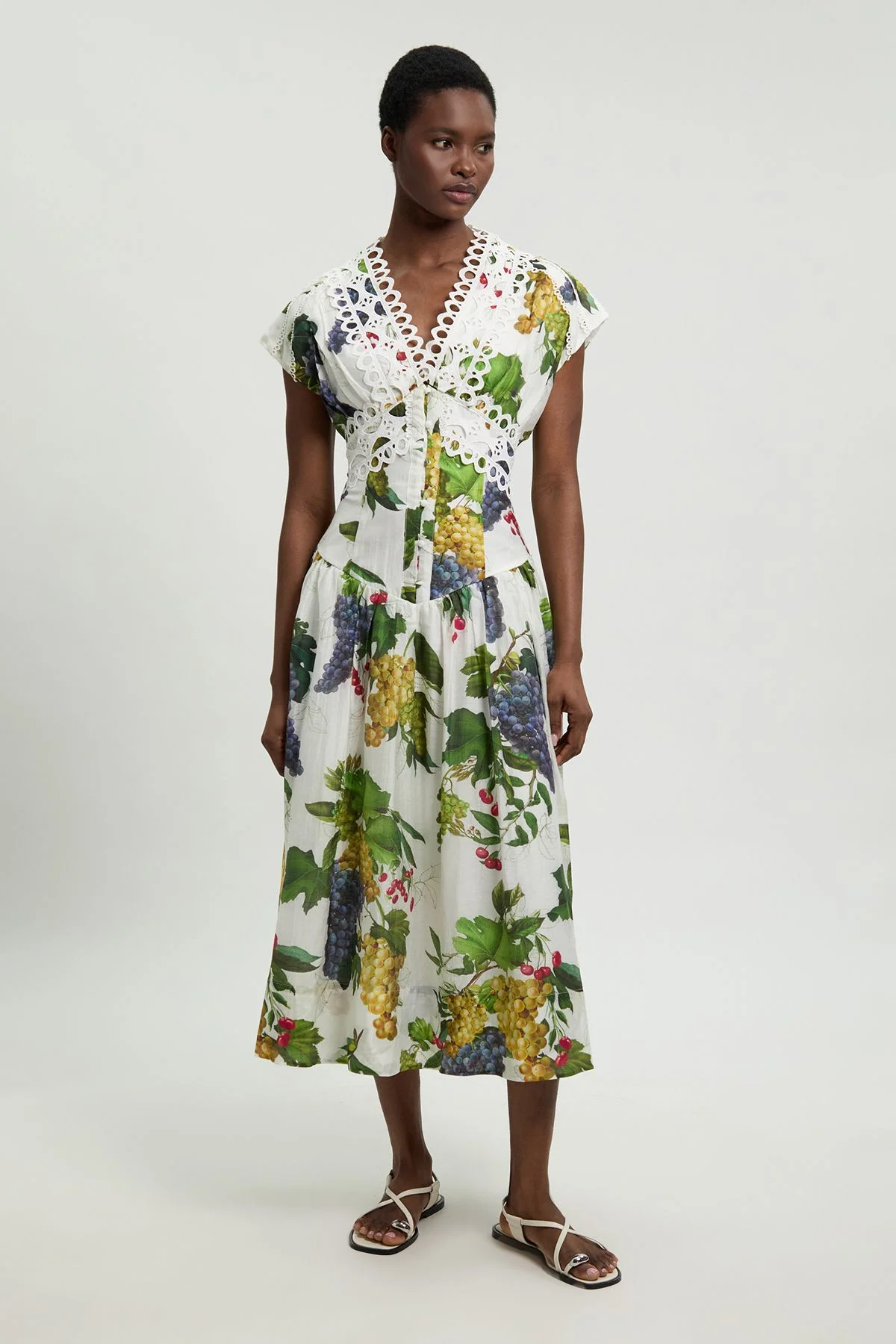 Petite Fruit Print Tape Detail Short Sleeve Woven Maxi Dress - 1
