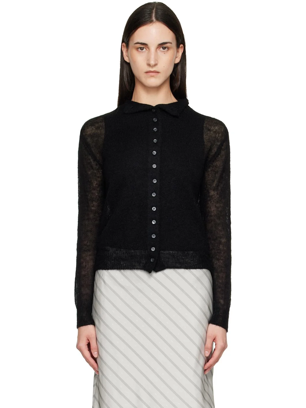 Black Mohair Half-Neck Cardigan - 1