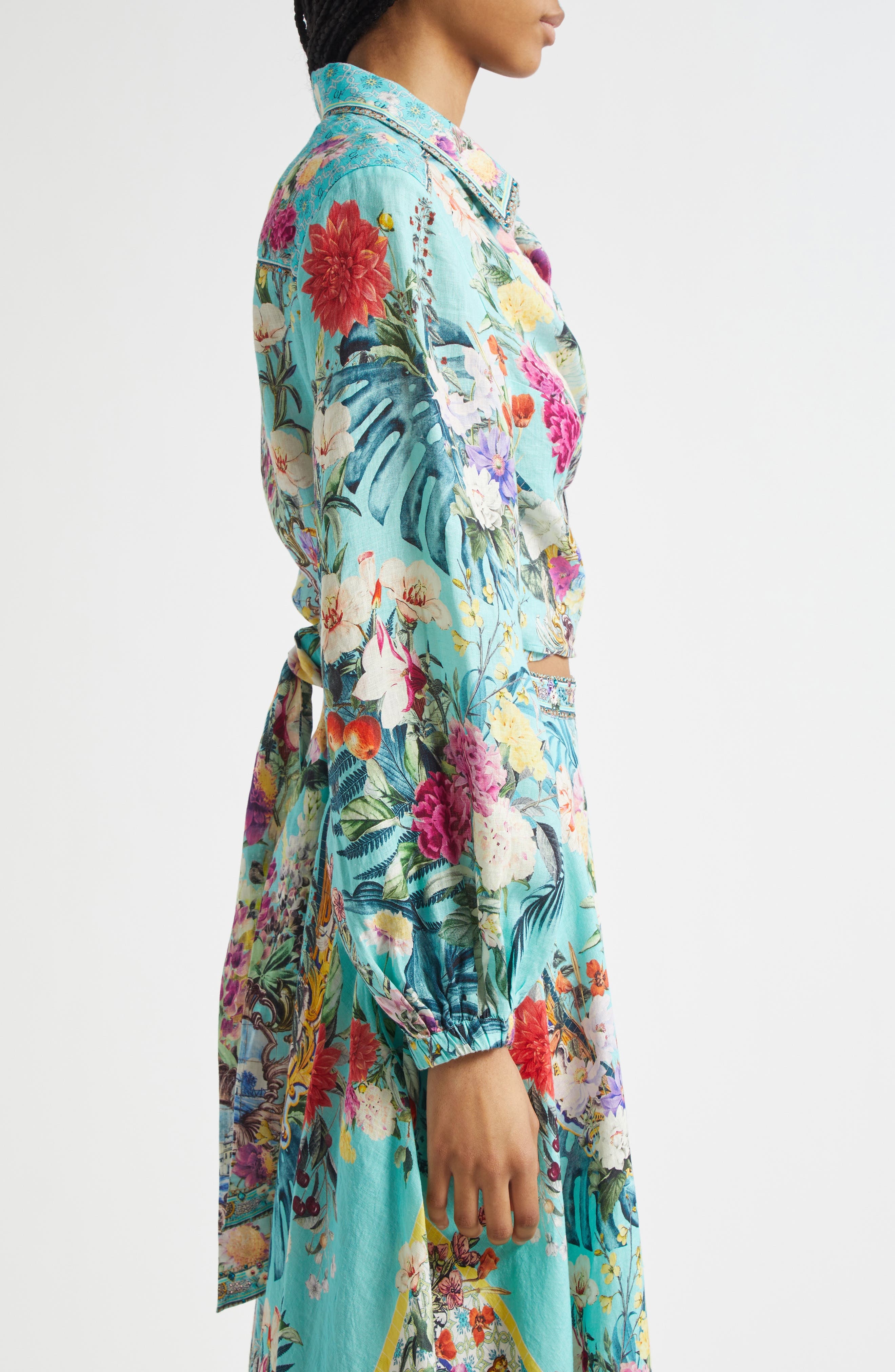 Camilla Crystal Embellished Crop Linen Wrap Shirt in Gardens Of Queluz at Nordstrom - 4