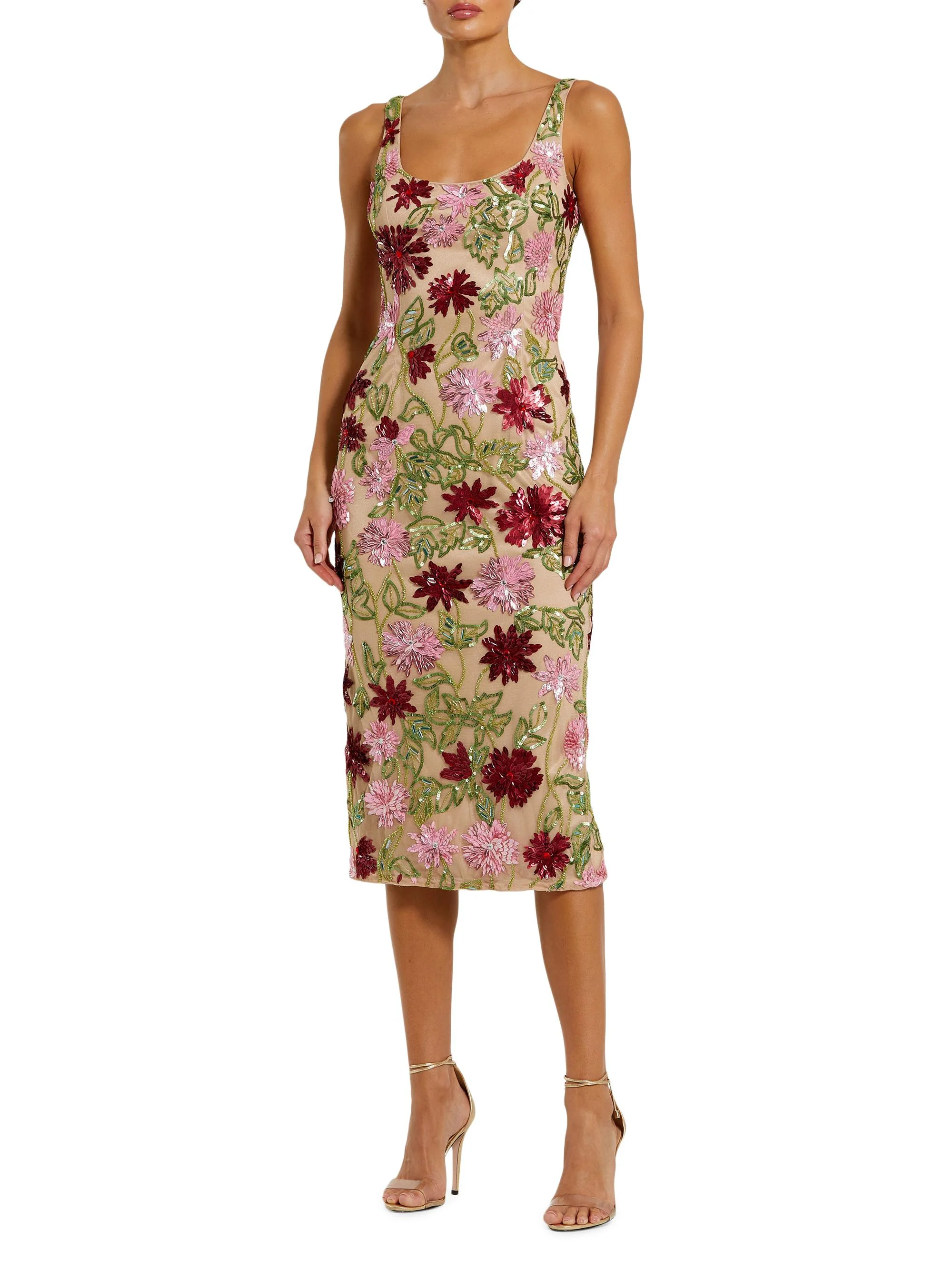 Women's Embellished Floral Mesh Scoopneck Midi-Dress - Beige Multi - 1
