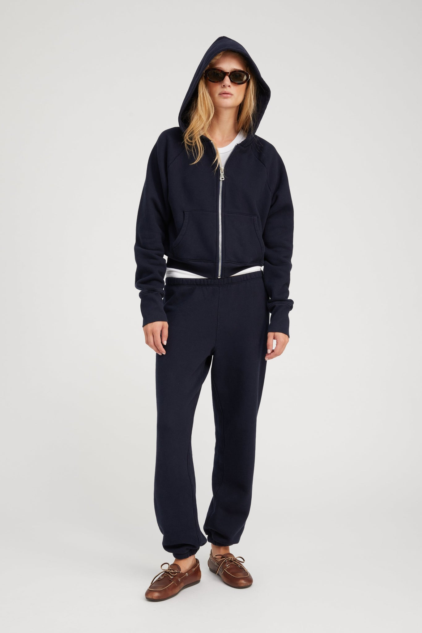 NAVY COTTON SHRUNKEN ZIP UP HOODIE - 2