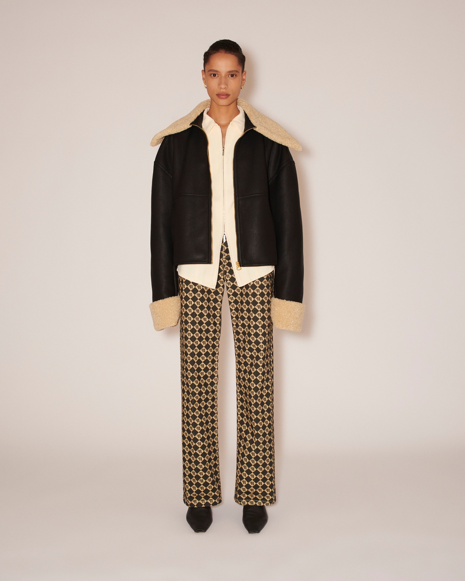 NAEL - Bonded shearling contrast collar aviator jacket - Black&Beige - 3