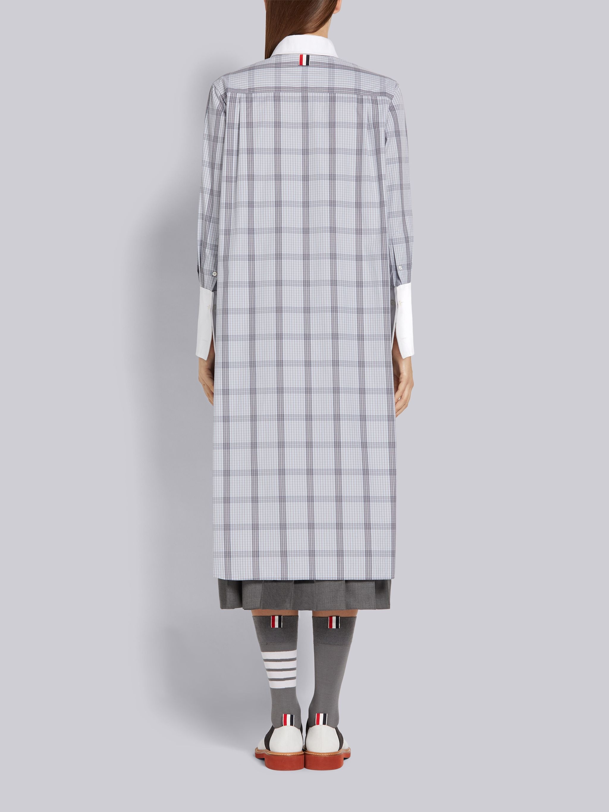 Medium Grey Small Grid Windowpane Check Poplin Bow Tie Blouson Long-sleeved Knee-length Shirtdress - 3