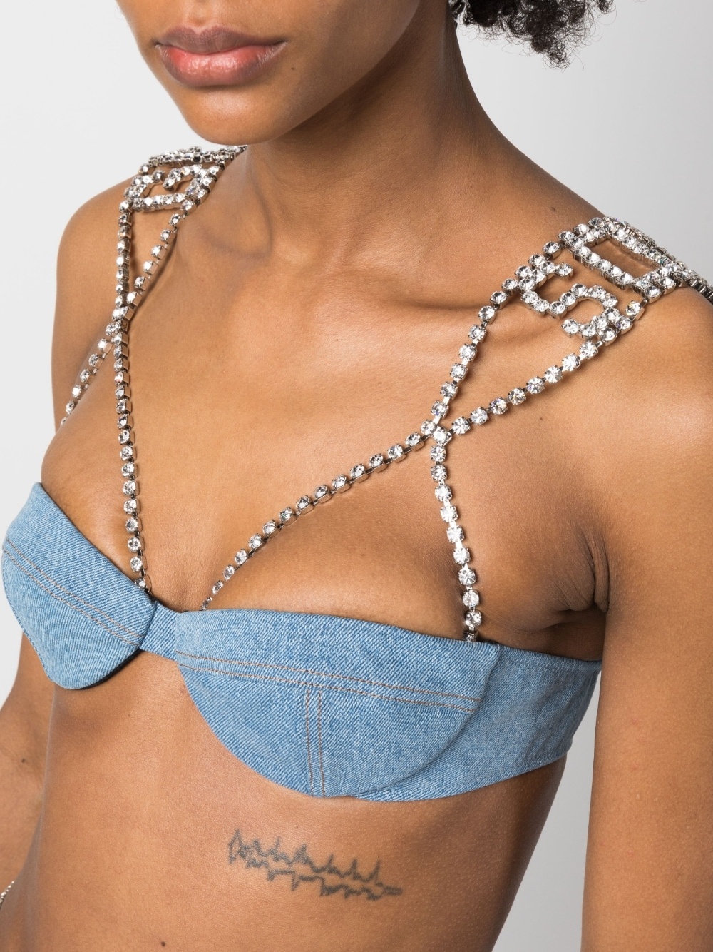 embellished-strap denim bralette top - 5