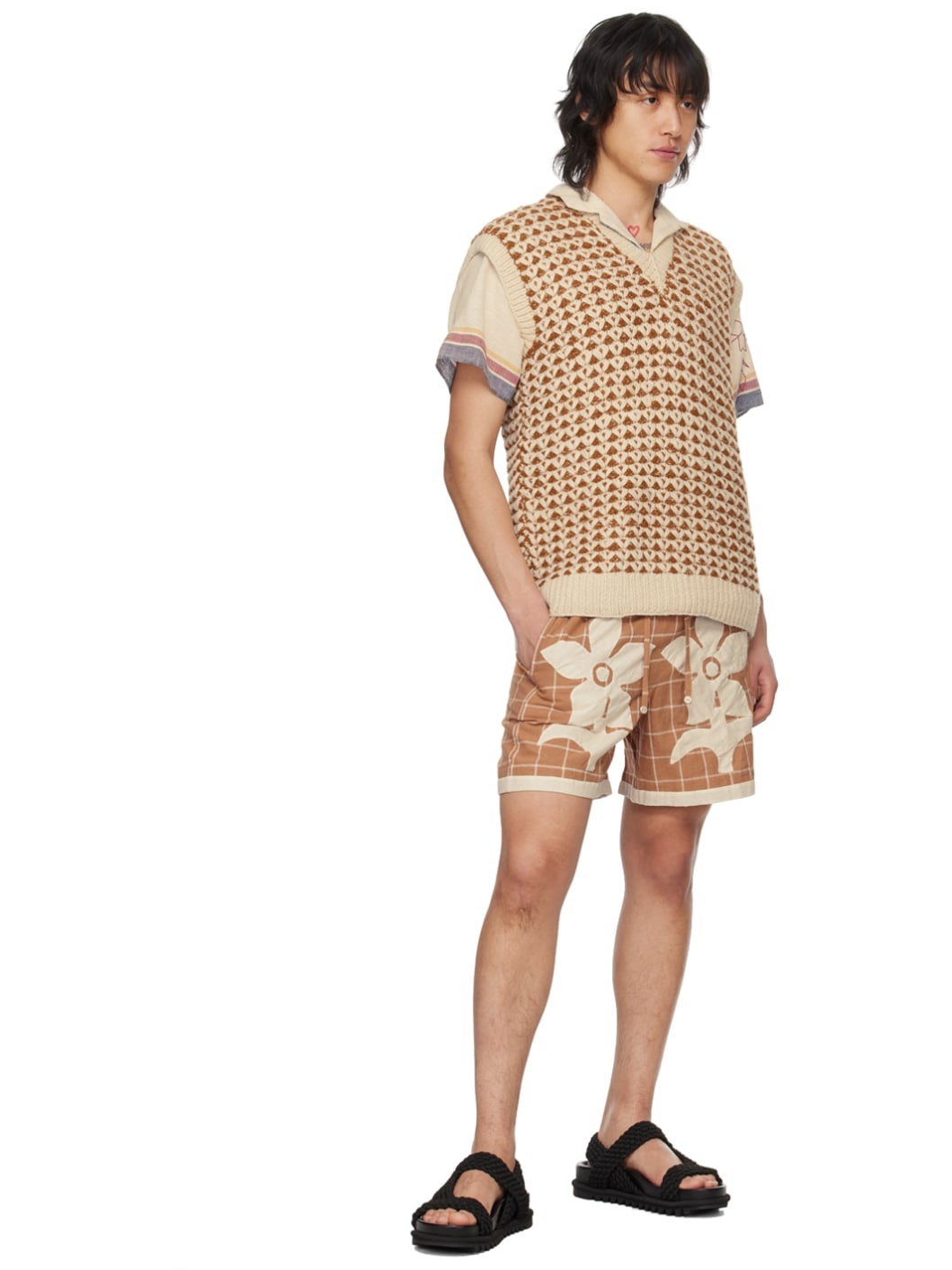 Orange & Off-White Jacquard Vest - 4
